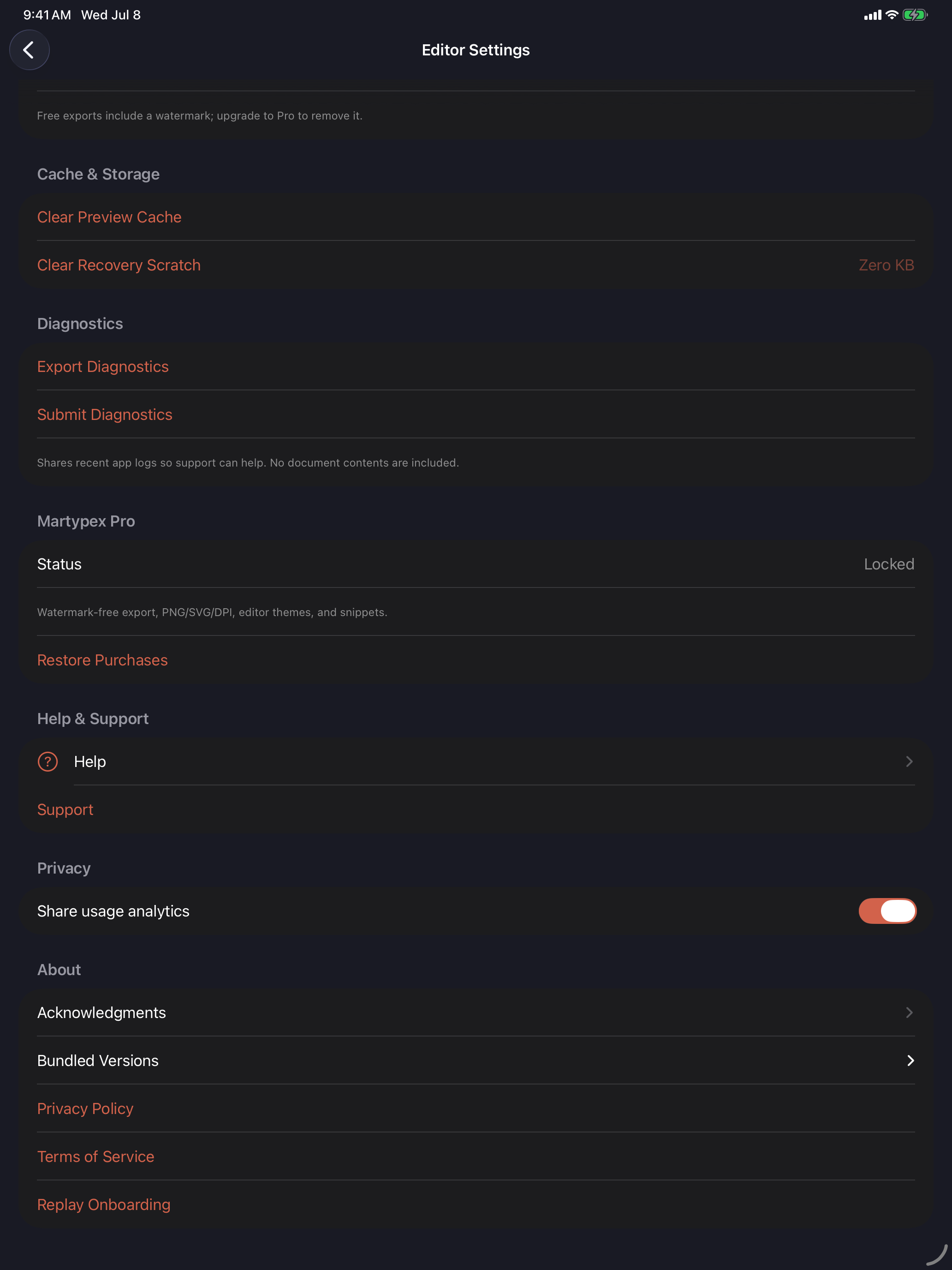 Settings at a large accessibility text size, rows and labels scaled up, on iPad, dark mode