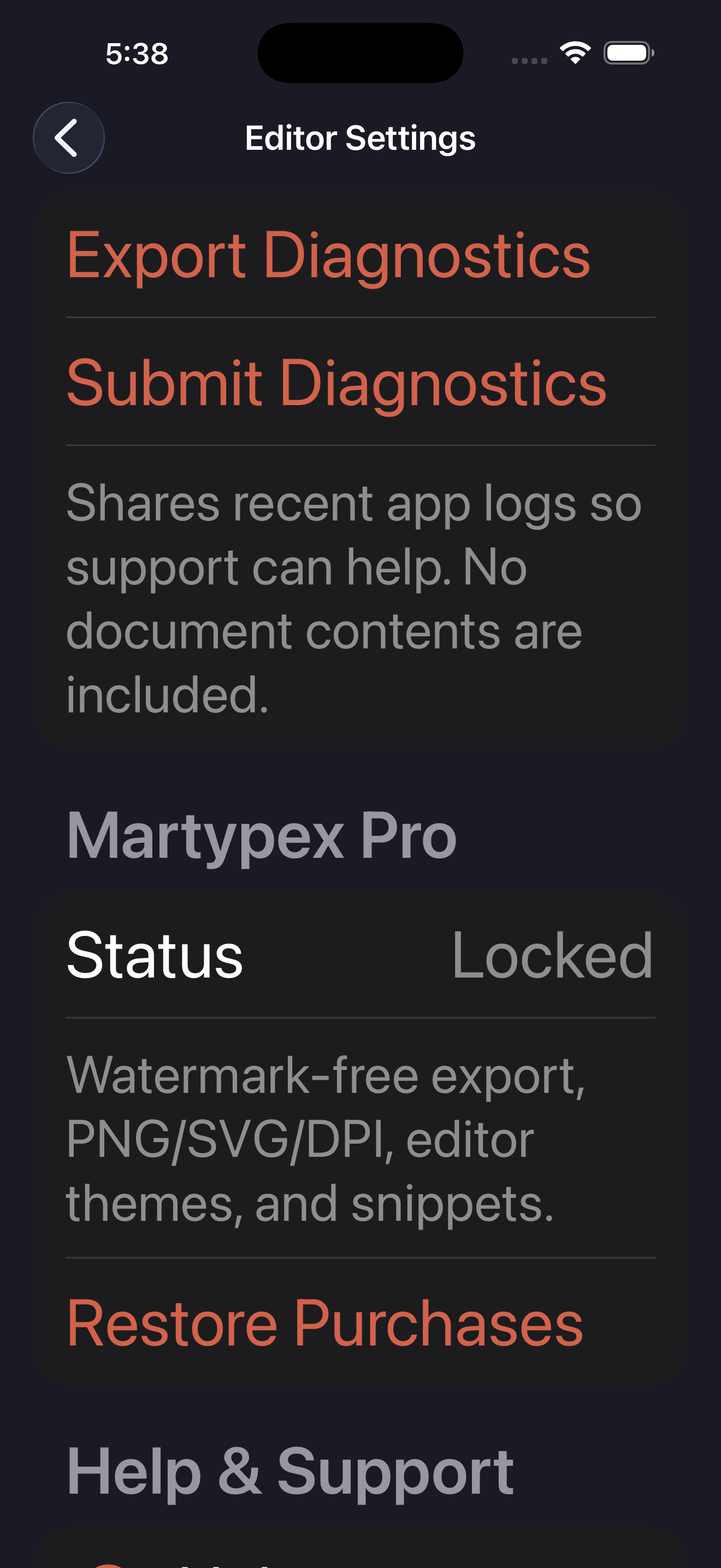 Settings at a large accessibility text size, rows and labels scaled up, on iPhone, dark mode