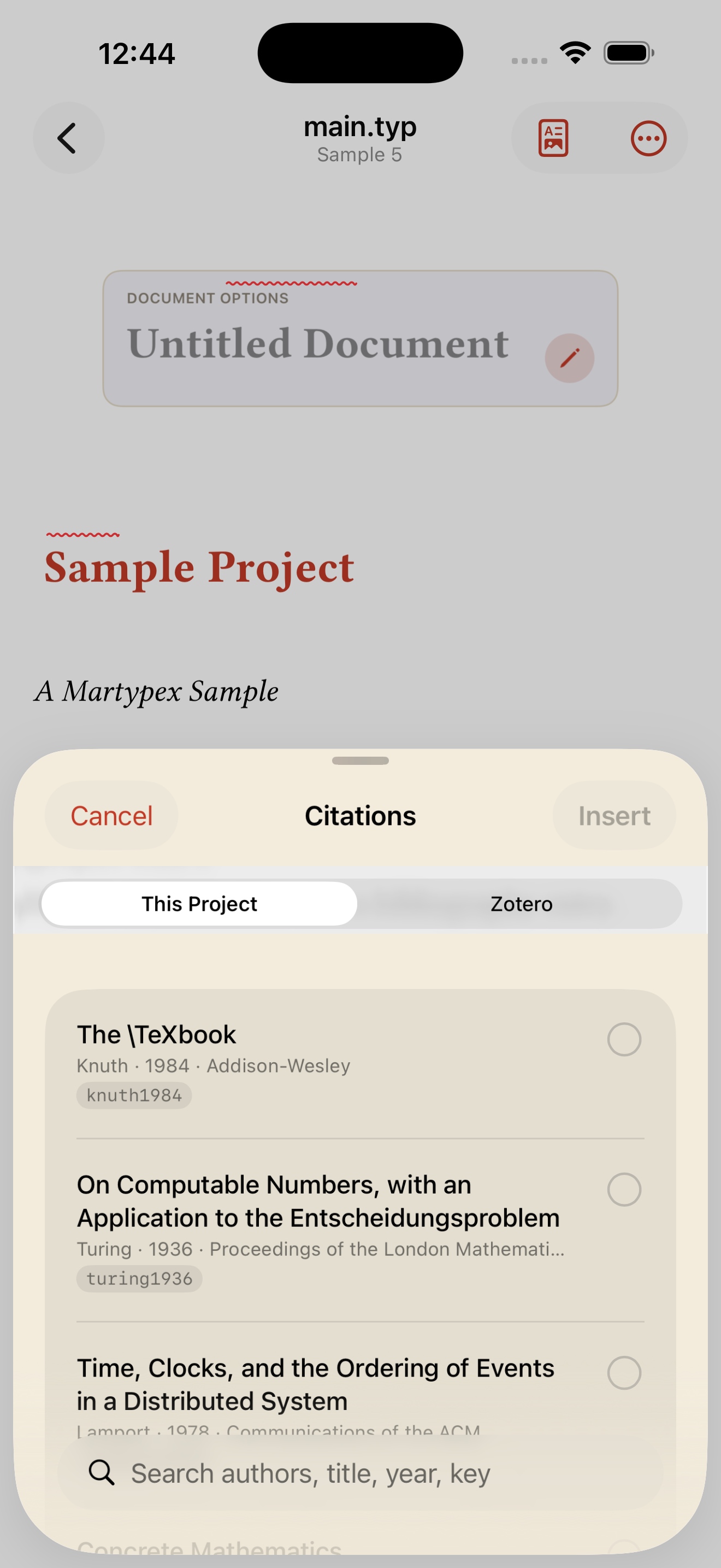 The Citation Browser, searching a project's bibliography, on iPhone, light mode