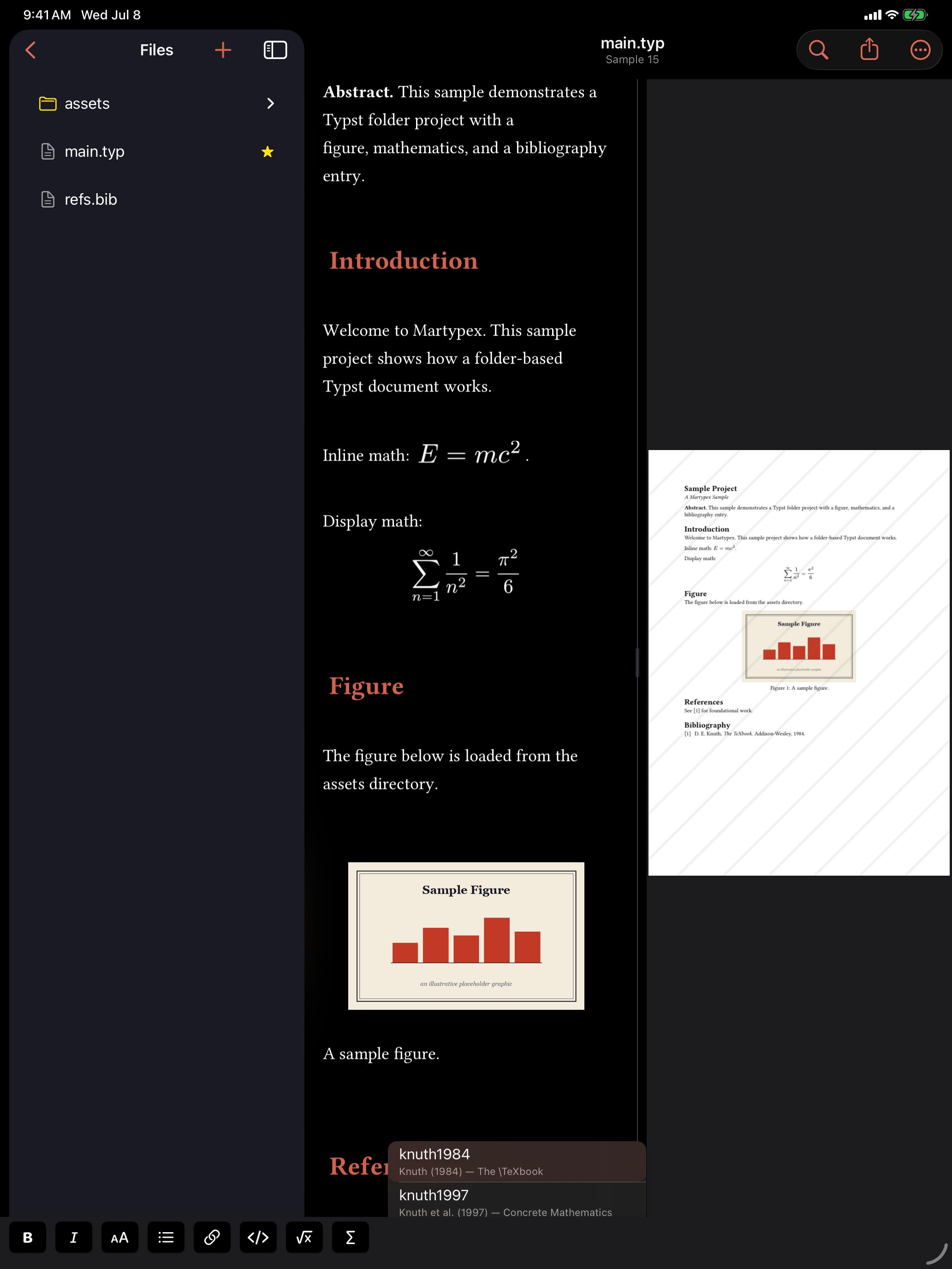 Rich @ completion, showing Author (Year) — Title for each candidate, on iPad, dark mode
