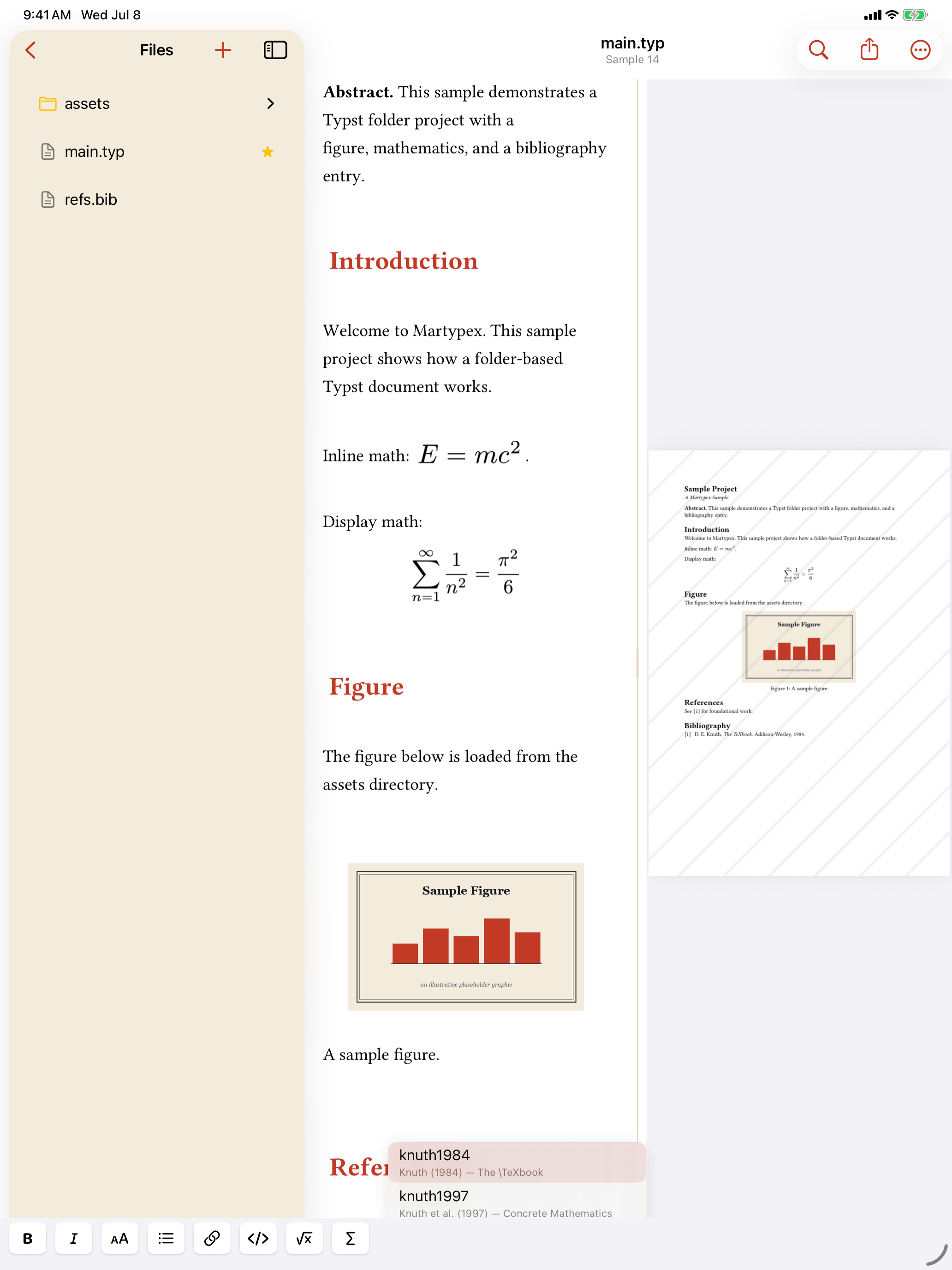 Rich @ completion, showing Author (Year) — Title for each candidate, on iPad, light mode