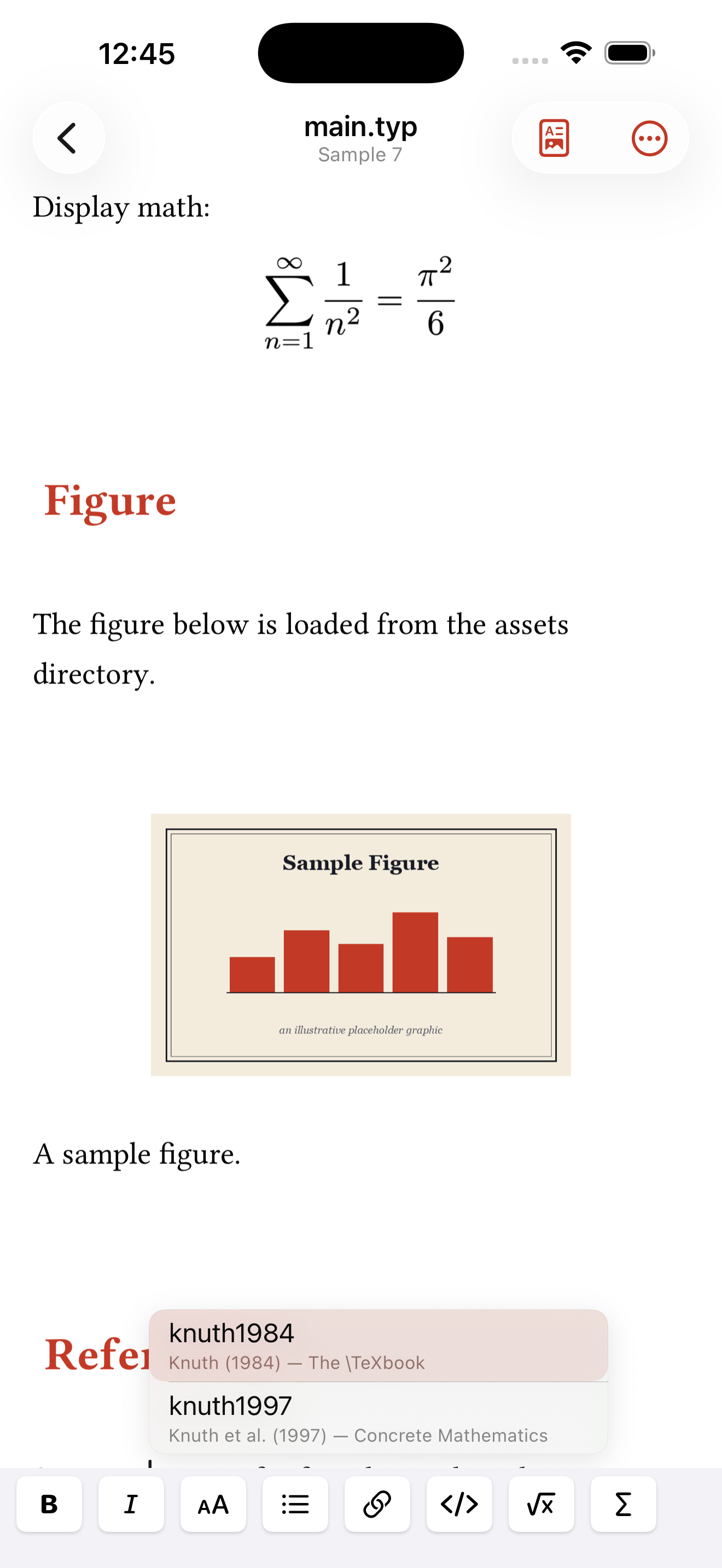 Rich @ completion, showing Author (Year) — Title for each candidate, on iPhone, light mode