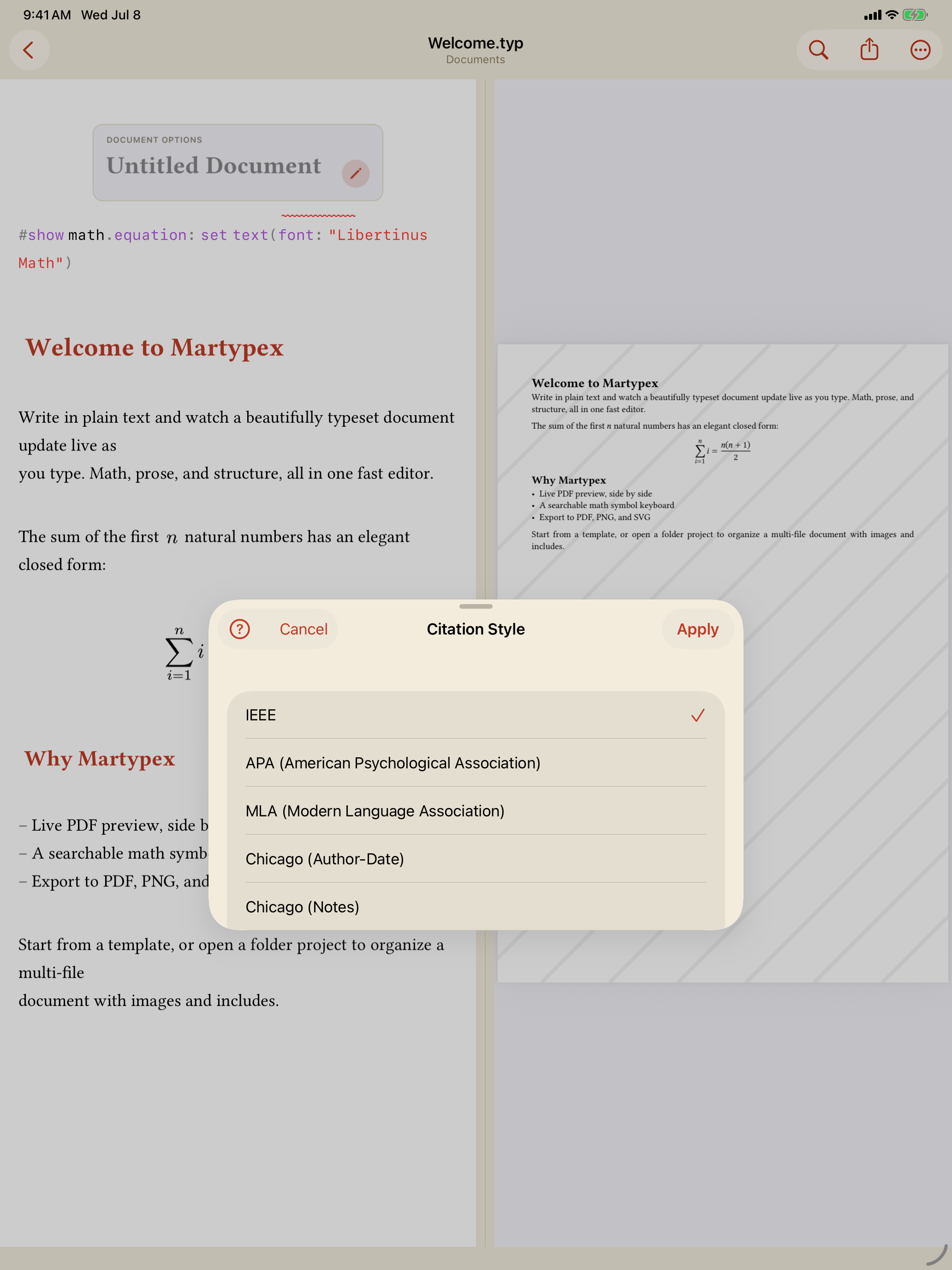 Citation Style picker on iPad, light mode