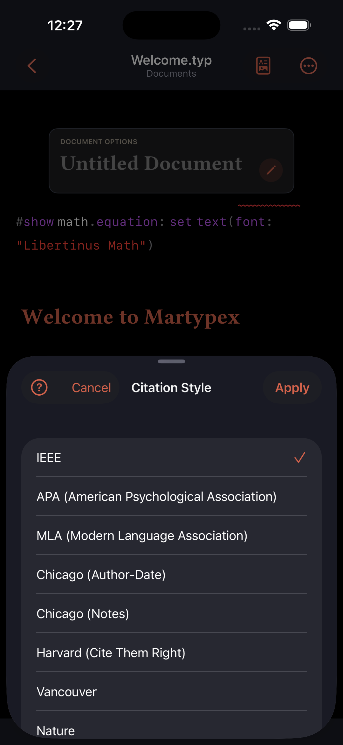 Citation Style picker on iPhone, dark mode