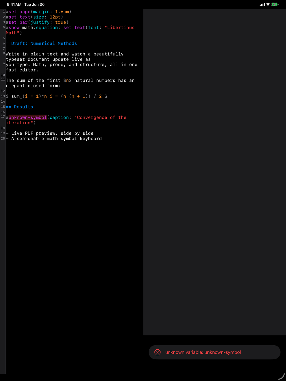 Inline diagnostics on iPad, dark mode