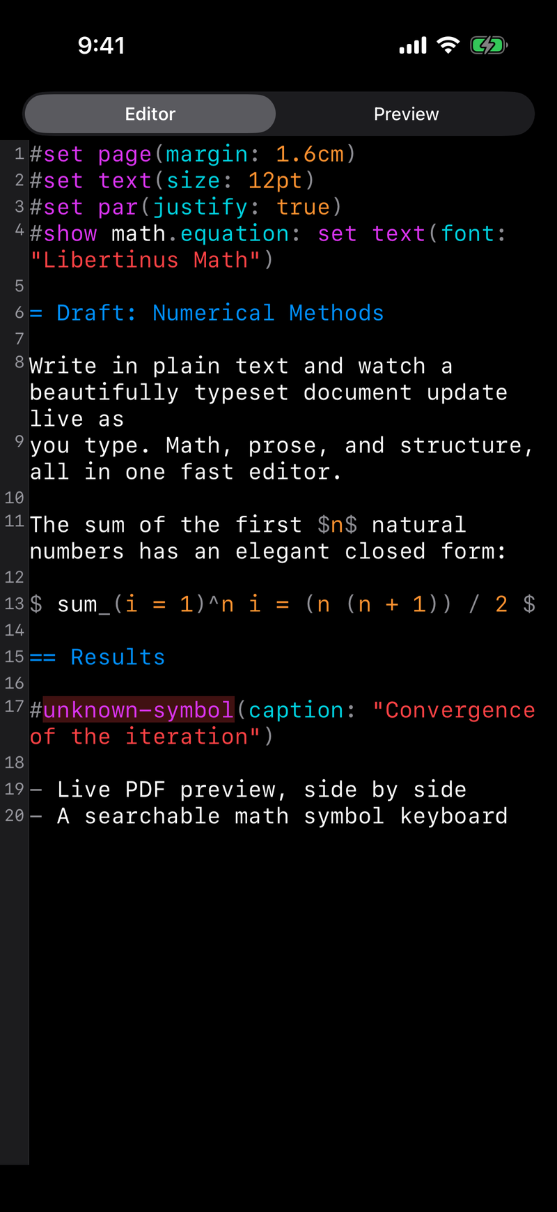 Inline diagnostics on iPhone, dark mode