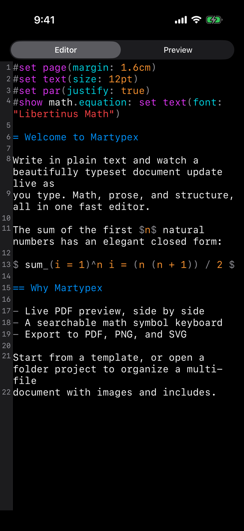Editor & Live Preview on iPhone, dark mode