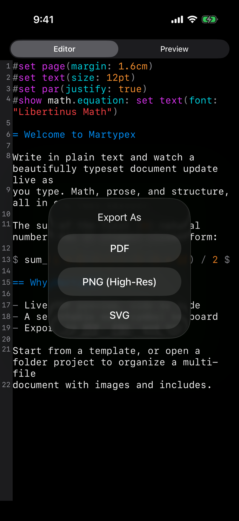 Export format picker on iPhone, dark mode