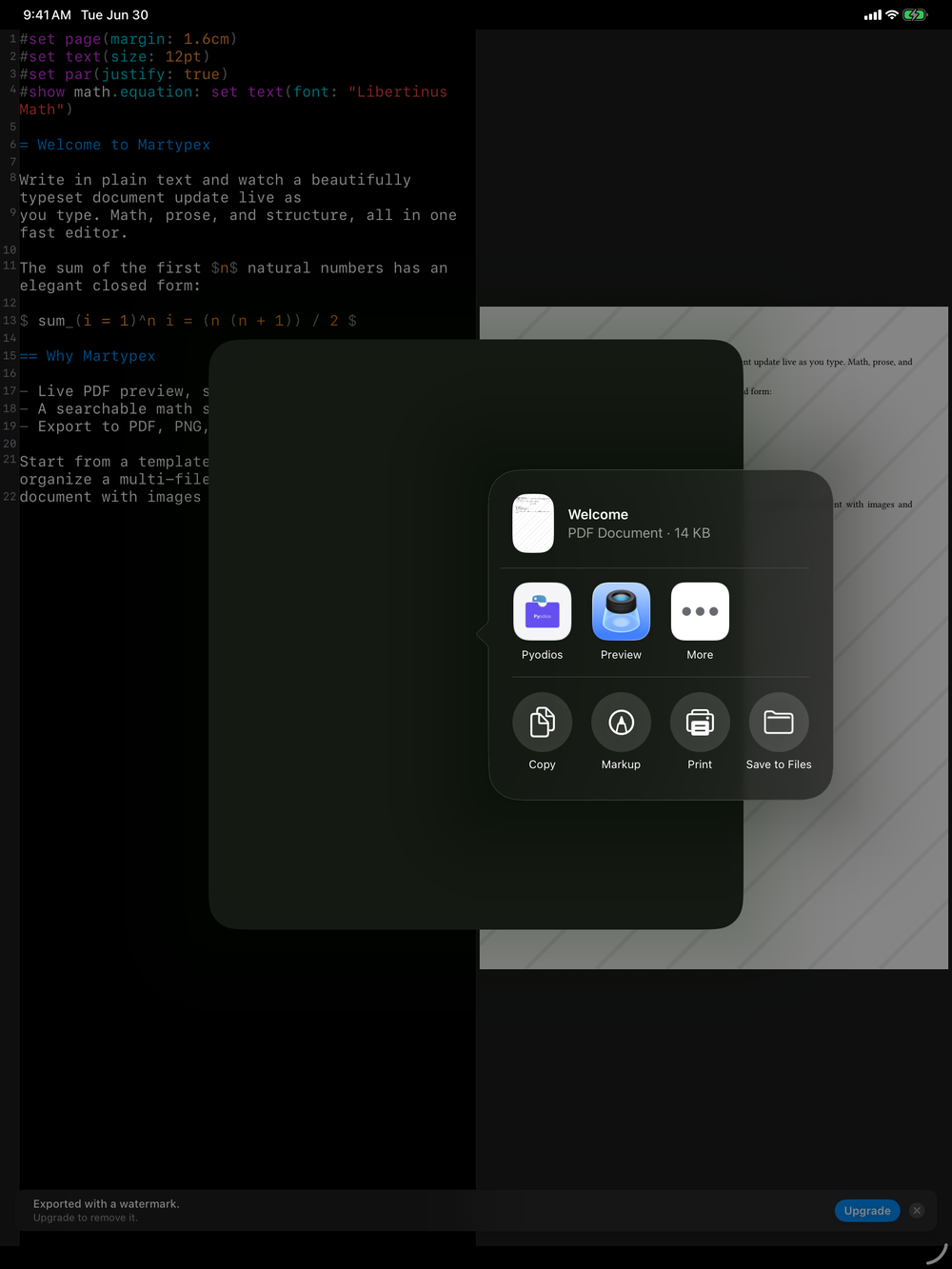 Share the exported file on iPad, dark mode