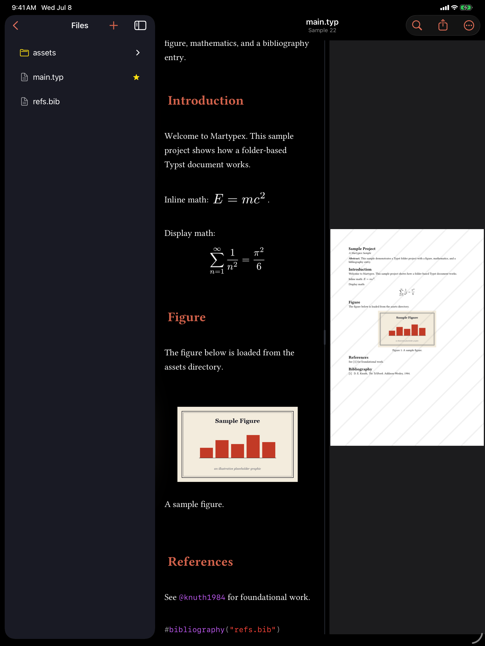 A rendered figure alongside its compiled PDF counterpart on iPad, dark mode