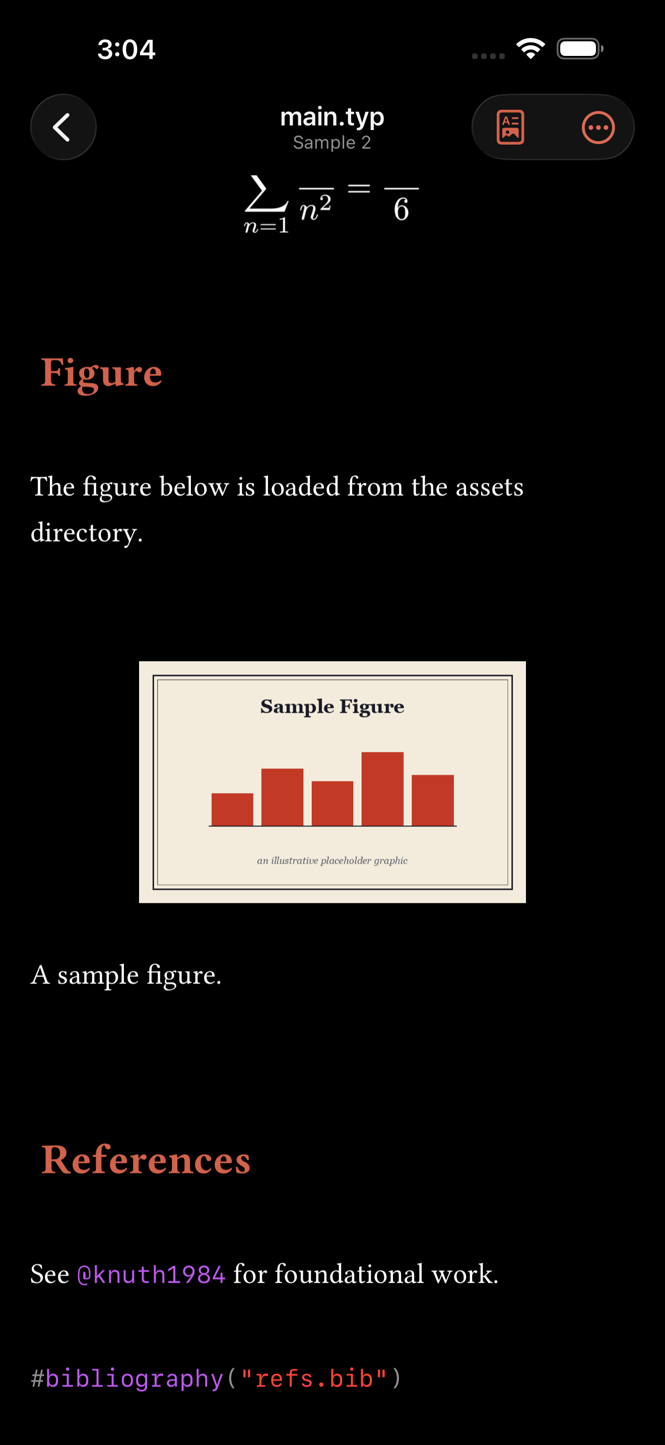 A rendered figure, a chart image with its caption below, in the live-styled editor on iPhone, dark mode