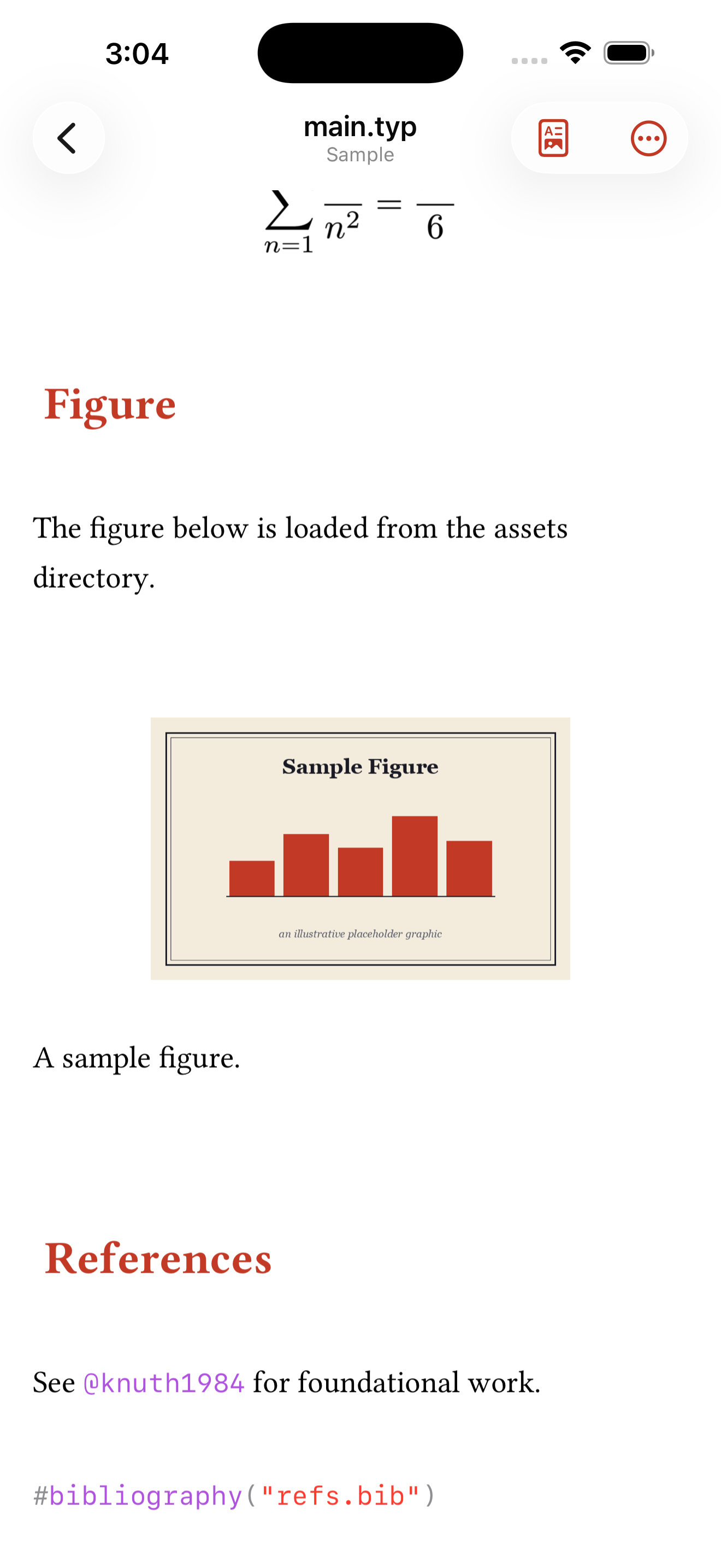 A rendered figure, a chart image with its caption below, in the live-styled editor on iPhone, light mode