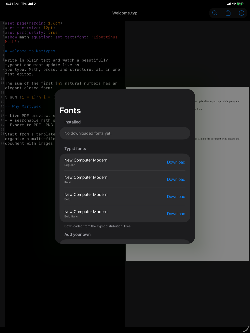 Fonts manager on iPad, dark mode
