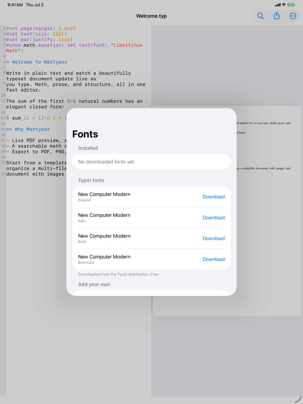 Fonts manager on iPad, light mode