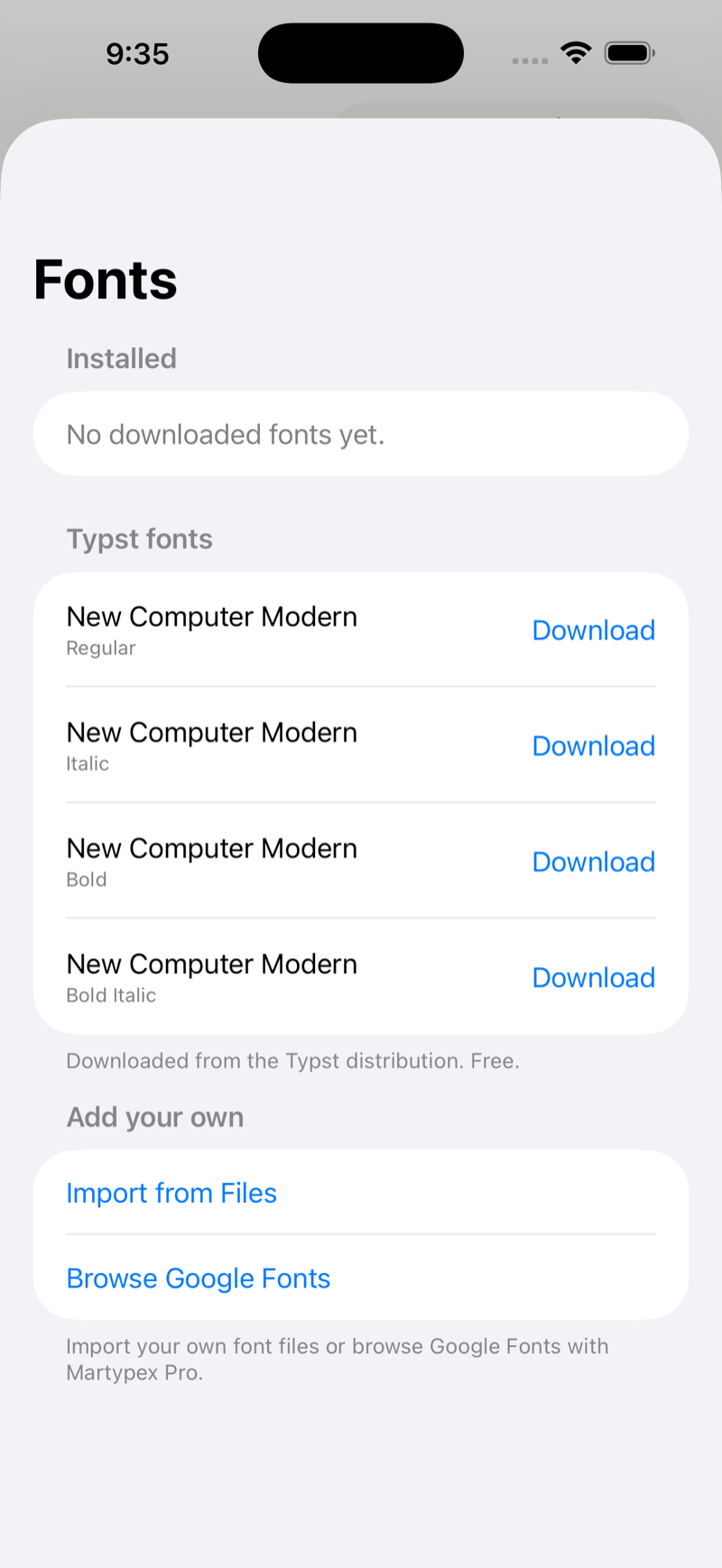 Fonts manager on iPhone, light mode