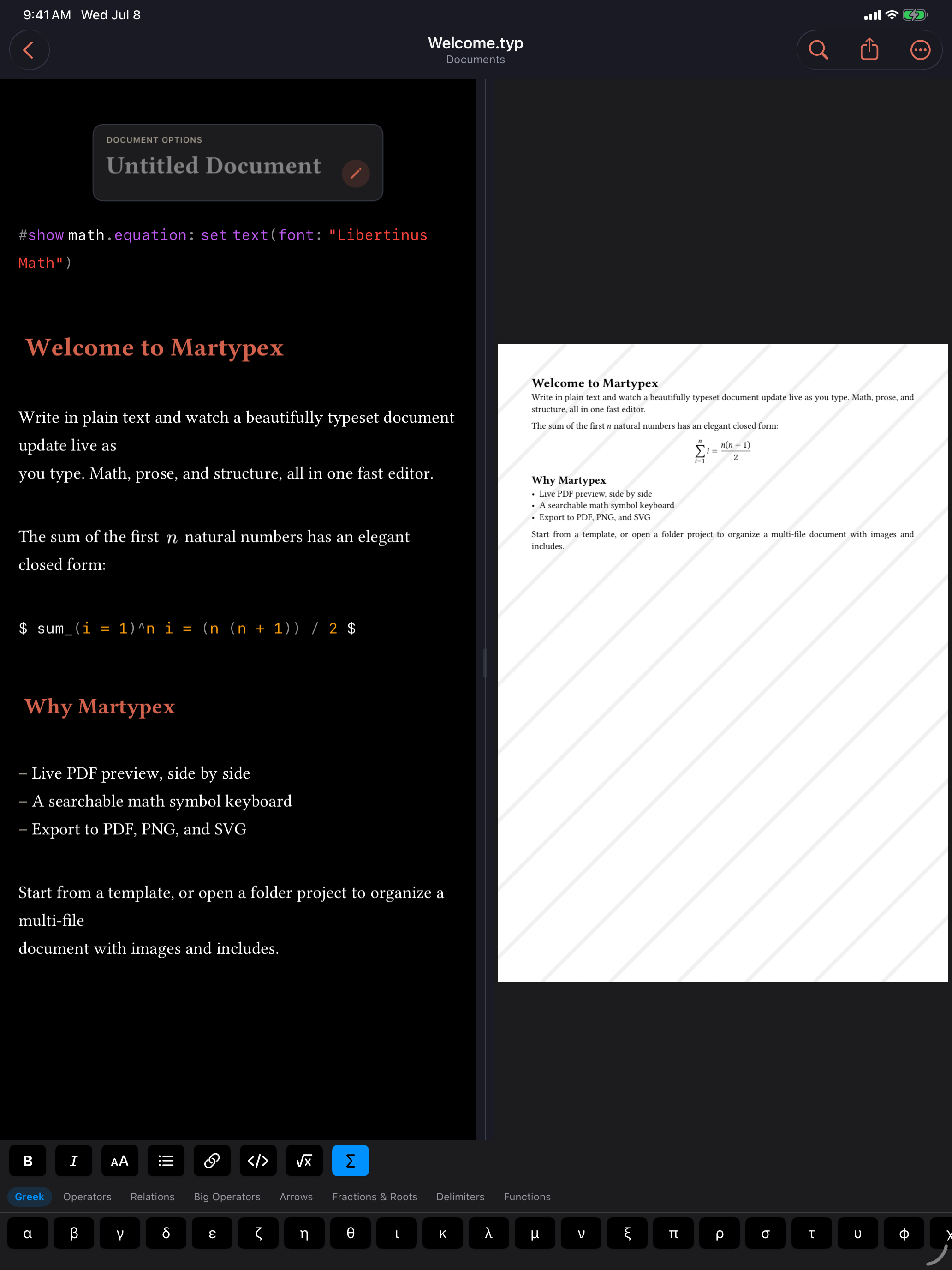 Writing Tools quick-format bar on iPad, dark mode