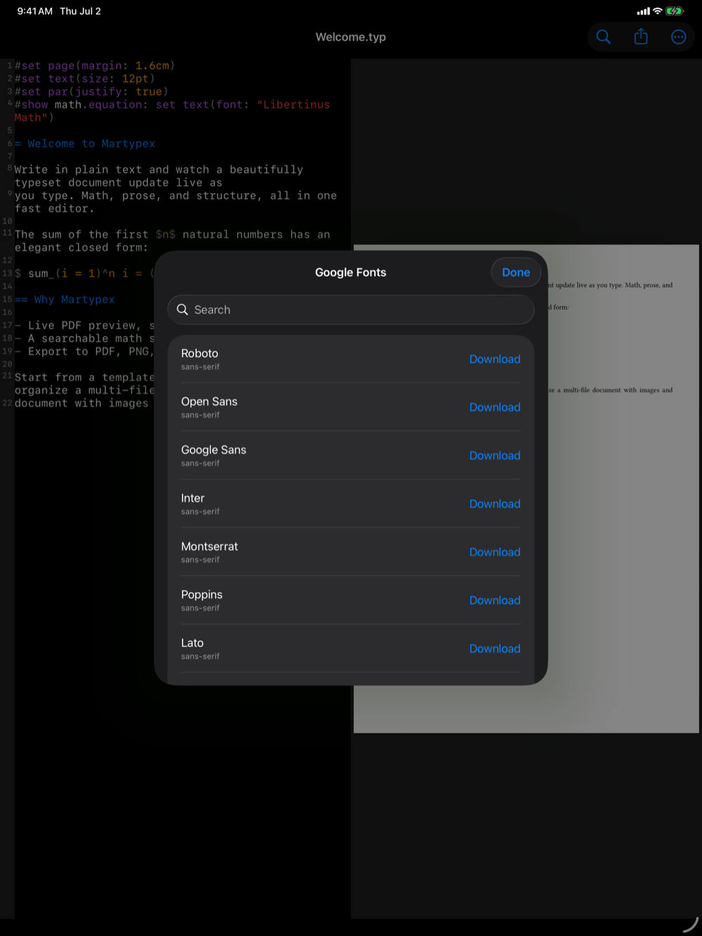 Google Fonts browser on iPad, dark mode