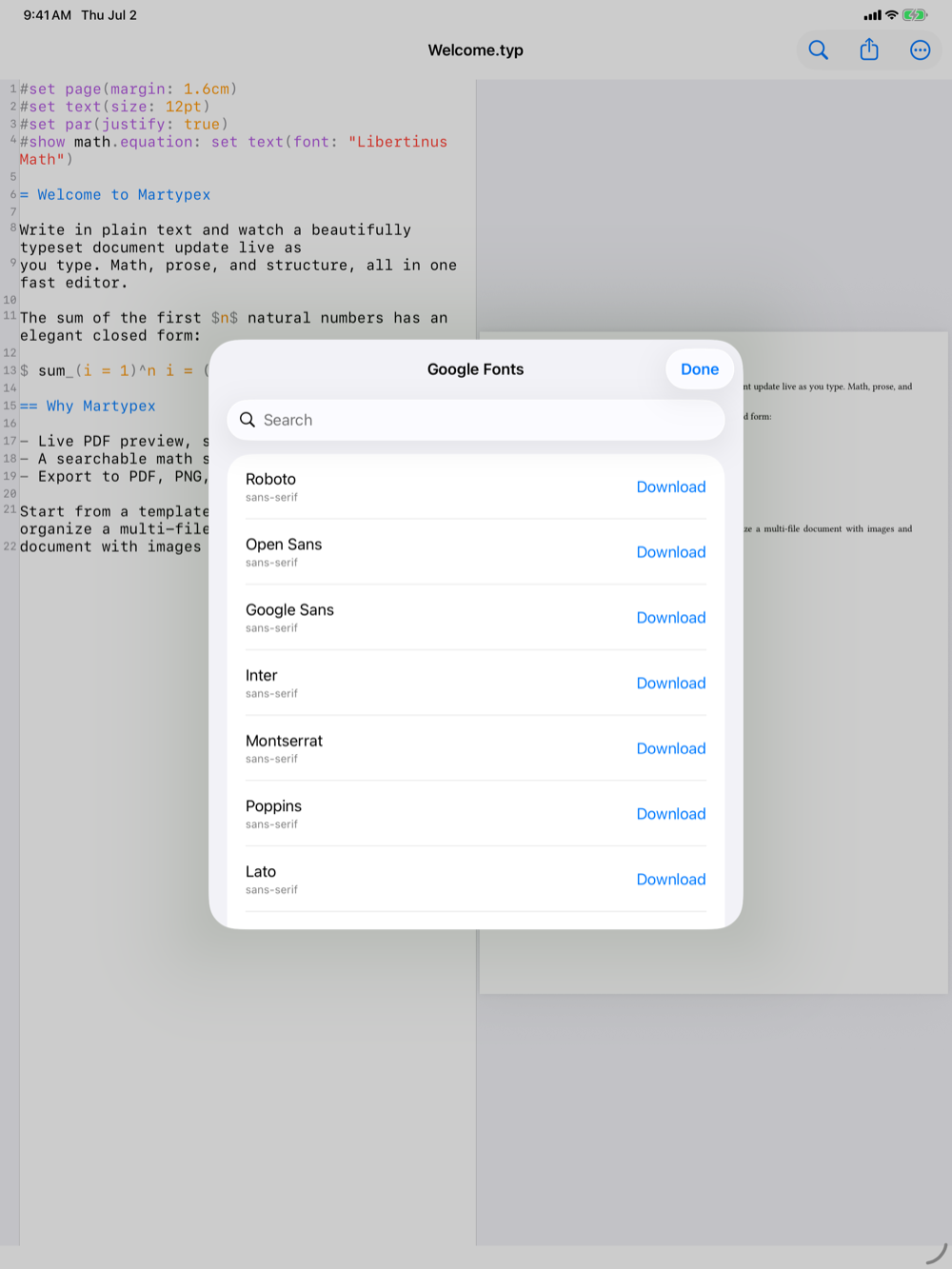 Google Fonts browser on iPad, light mode
