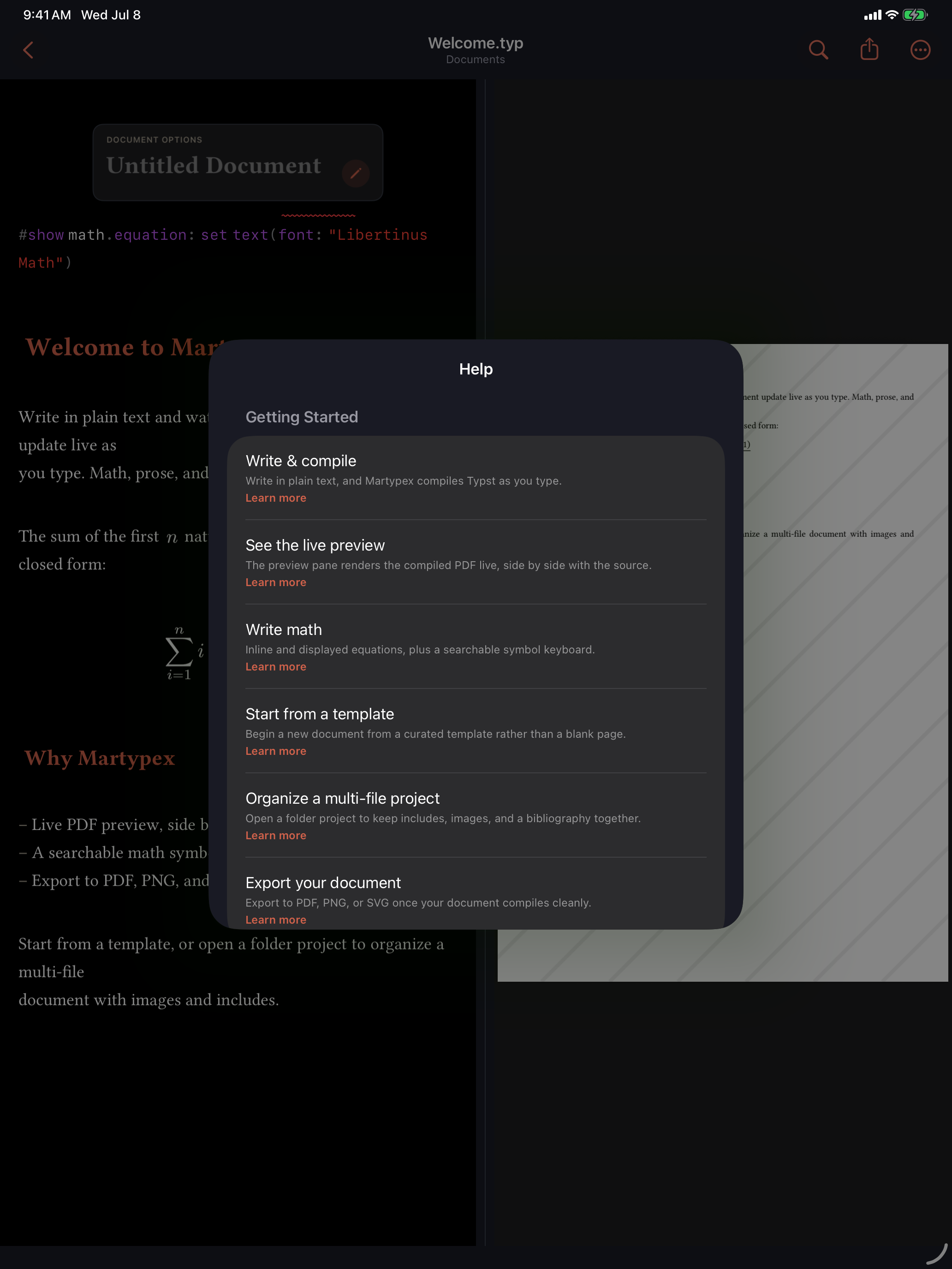 In-app Help hub with Getting Started how-tos and a Keyboard Shortcuts link, on iPad, dark mode