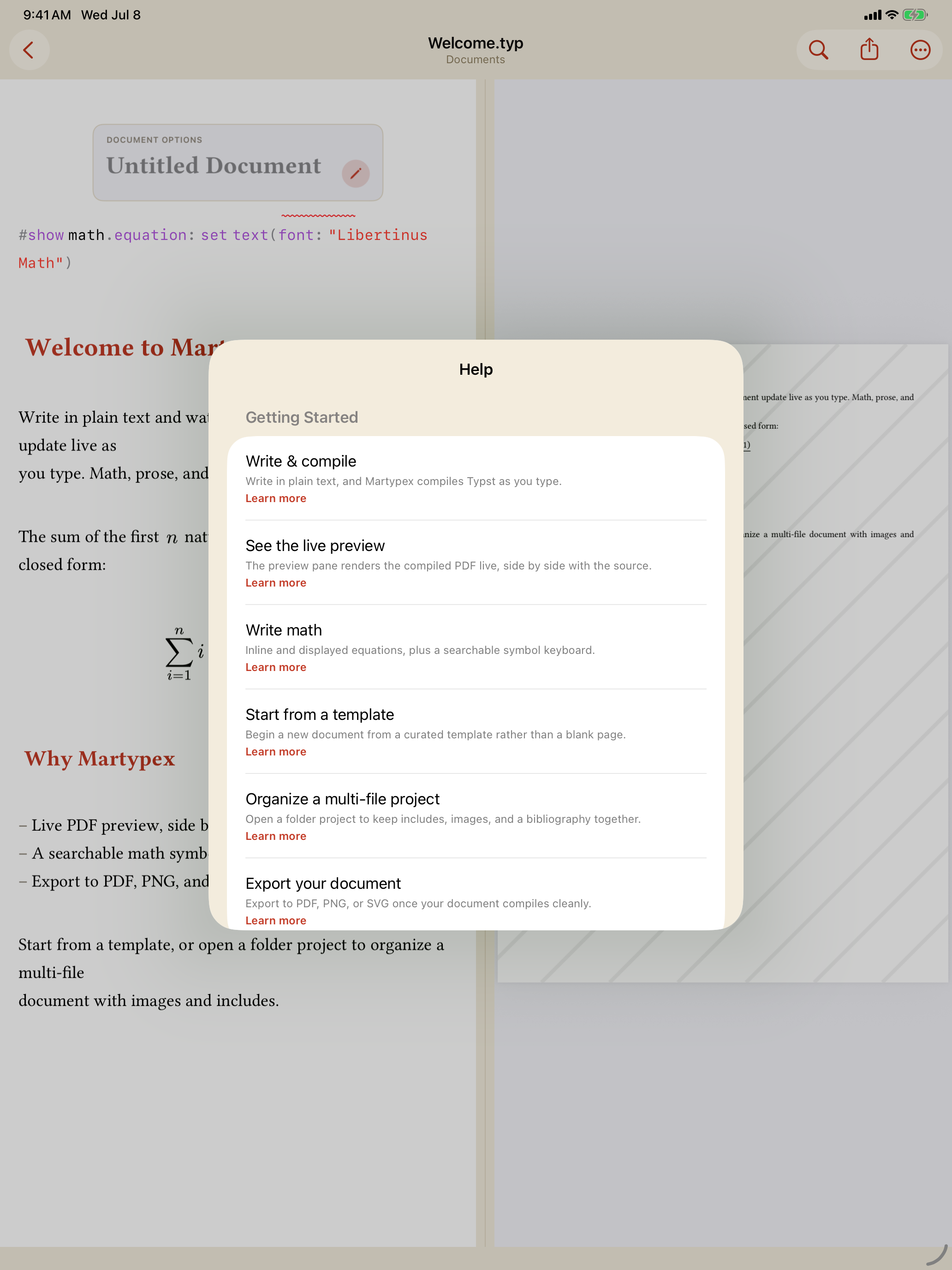 In-app Help hub with Getting Started how-tos and a Keyboard Shortcuts link, on iPad, light mode