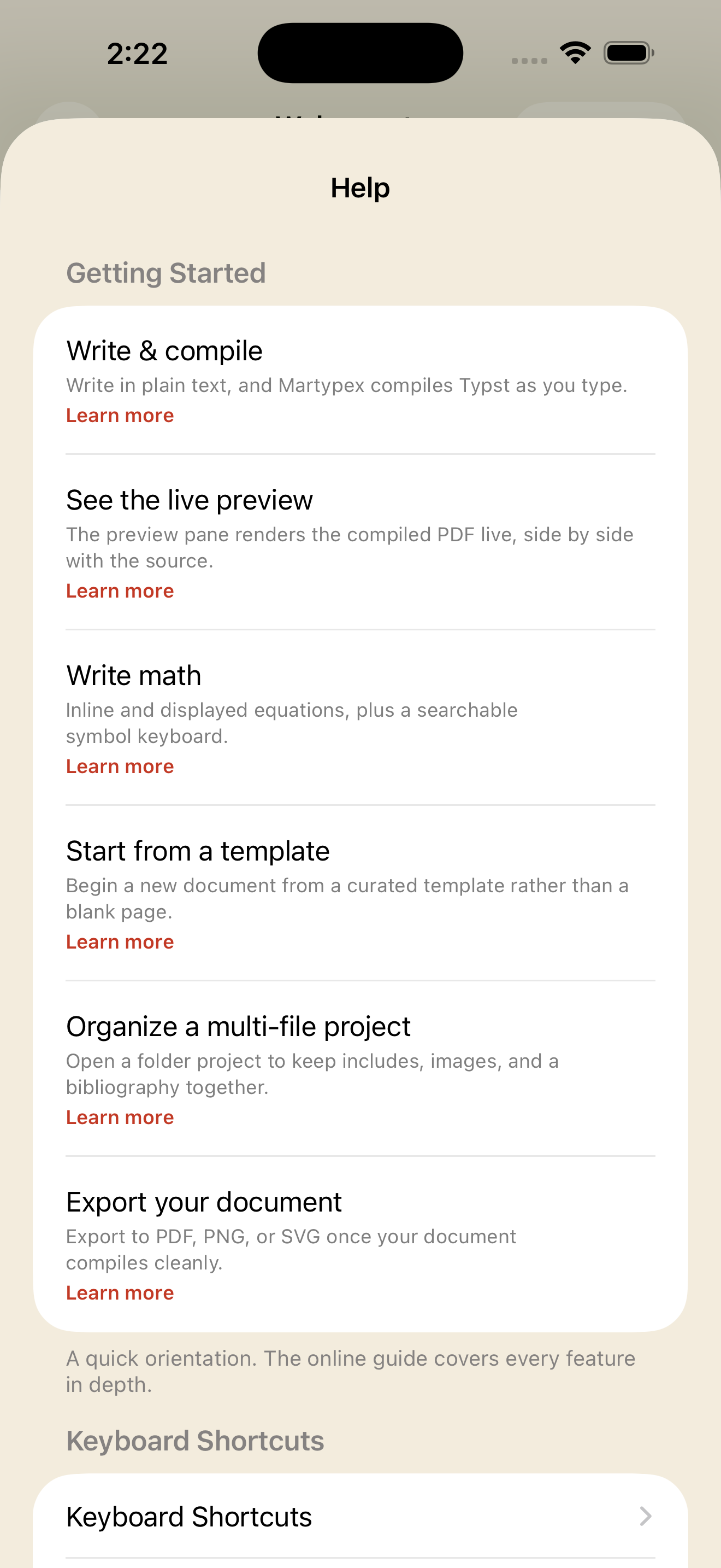 In-app Help hub with Getting Started how-tos and a Keyboard Shortcuts link, on iPhone, light mode