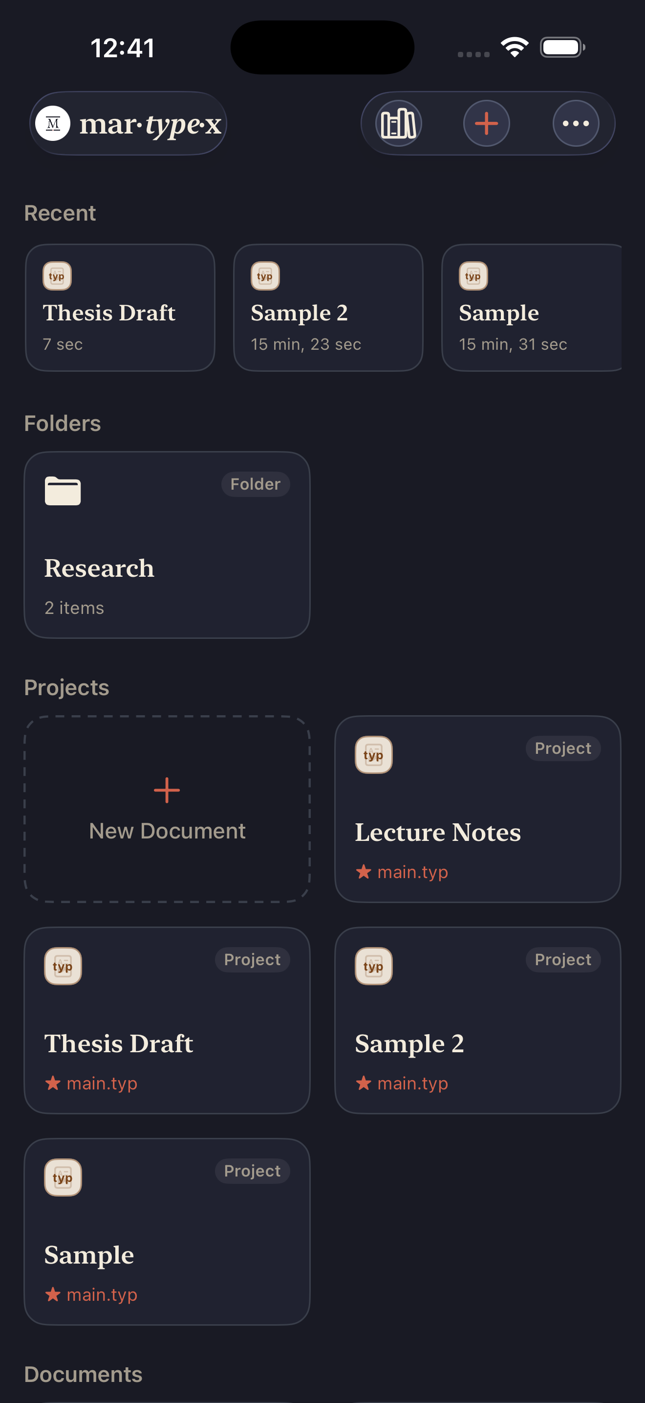 Home with a Folders section shown above Projects, on iPhone, dark mode