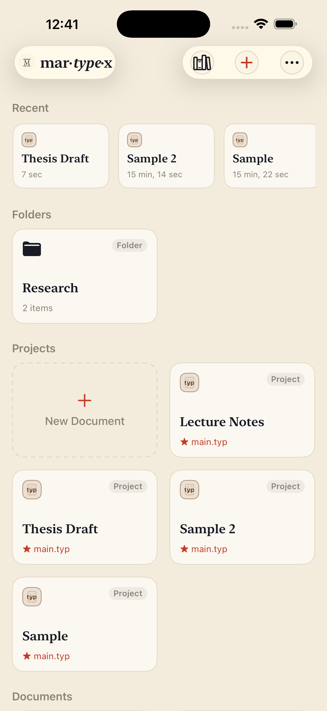 Home with a Folders section shown above Projects, on iPhone, light mode