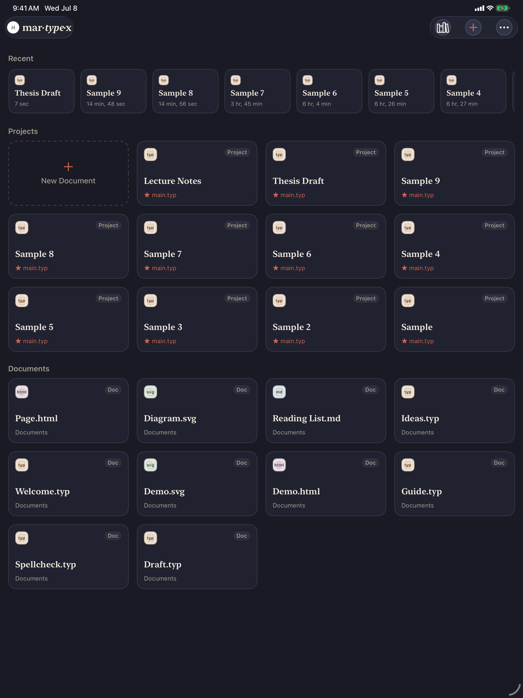 Home, showing Recent, Projects, and Documents sections, on iPad, dark mode