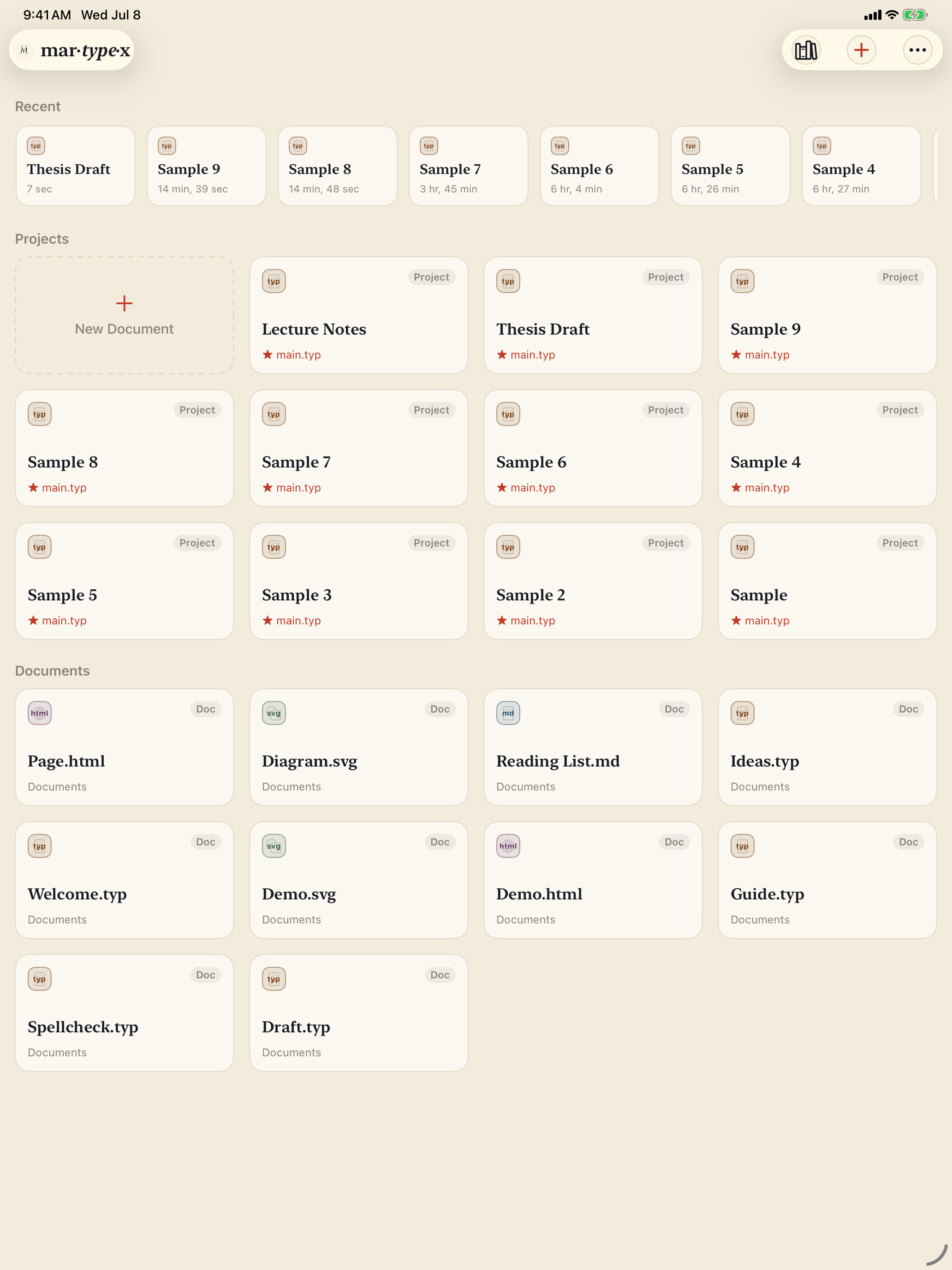 Home, showing Recent, Projects, and Documents sections, on iPad, light mode