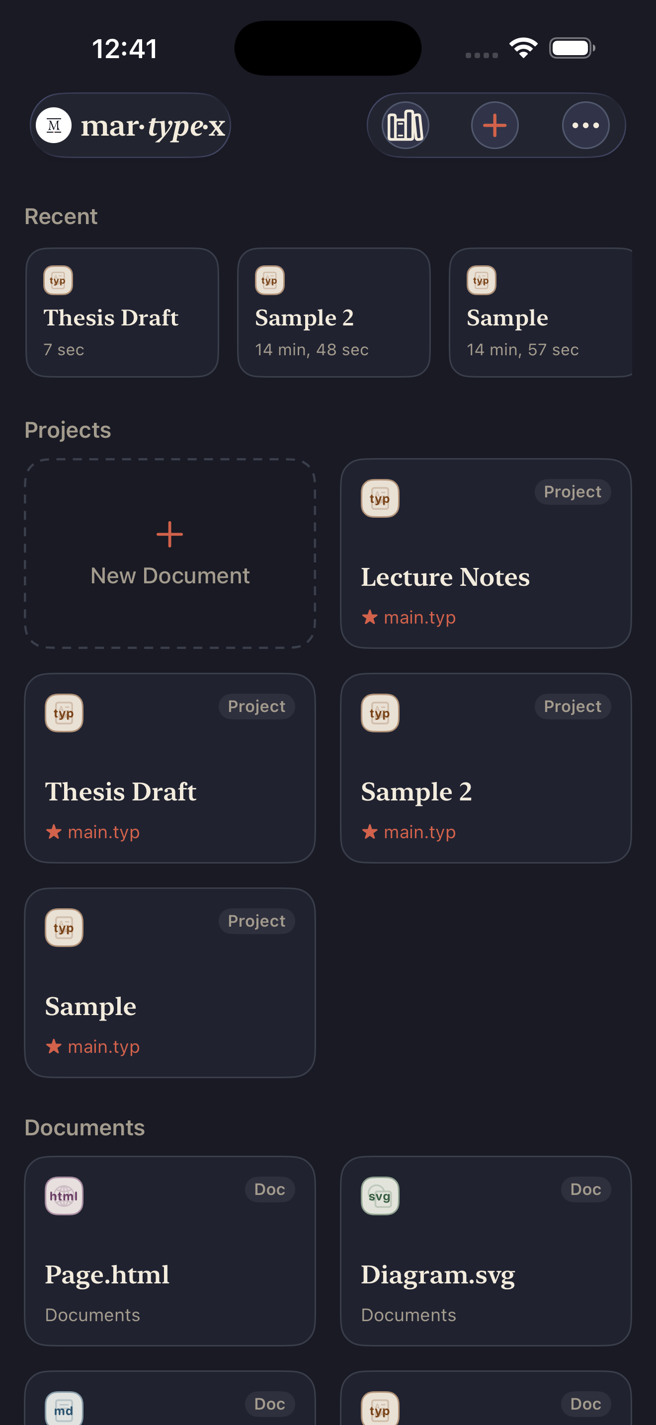 Home, showing Recent, Projects, and Documents sections, on iPhone, dark mode