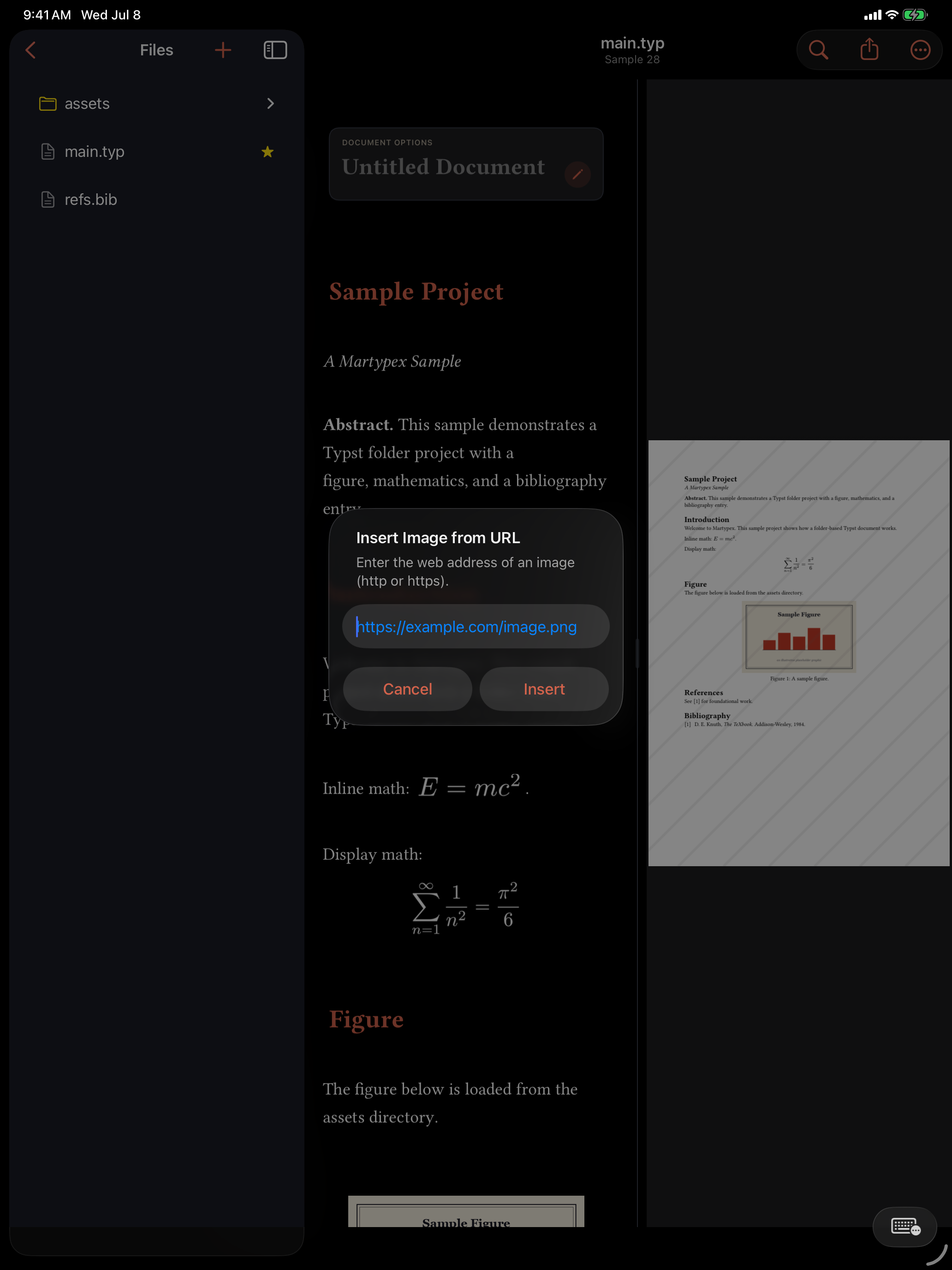 The Insert Image from URL dialog over a document on iPad, dark mode