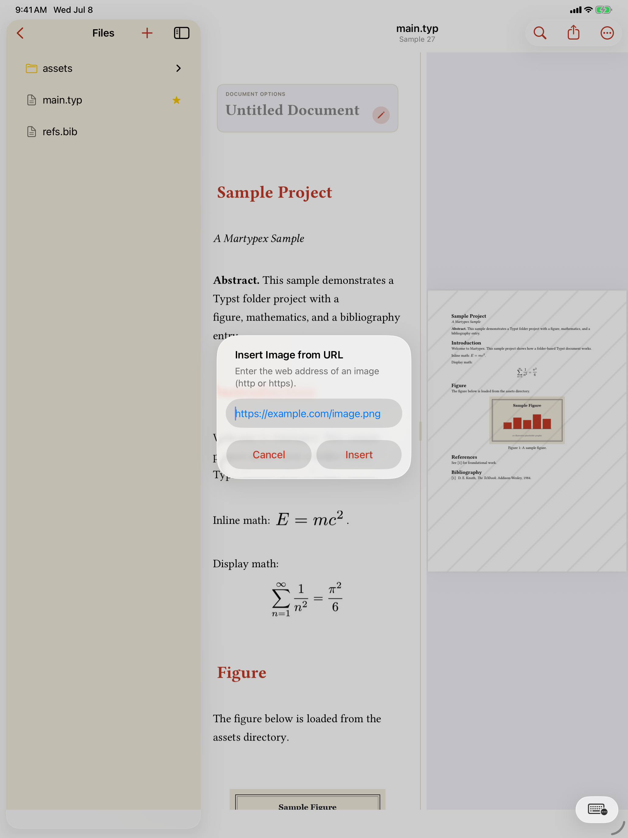 The Insert Image from URL dialog over a document on iPad, light mode