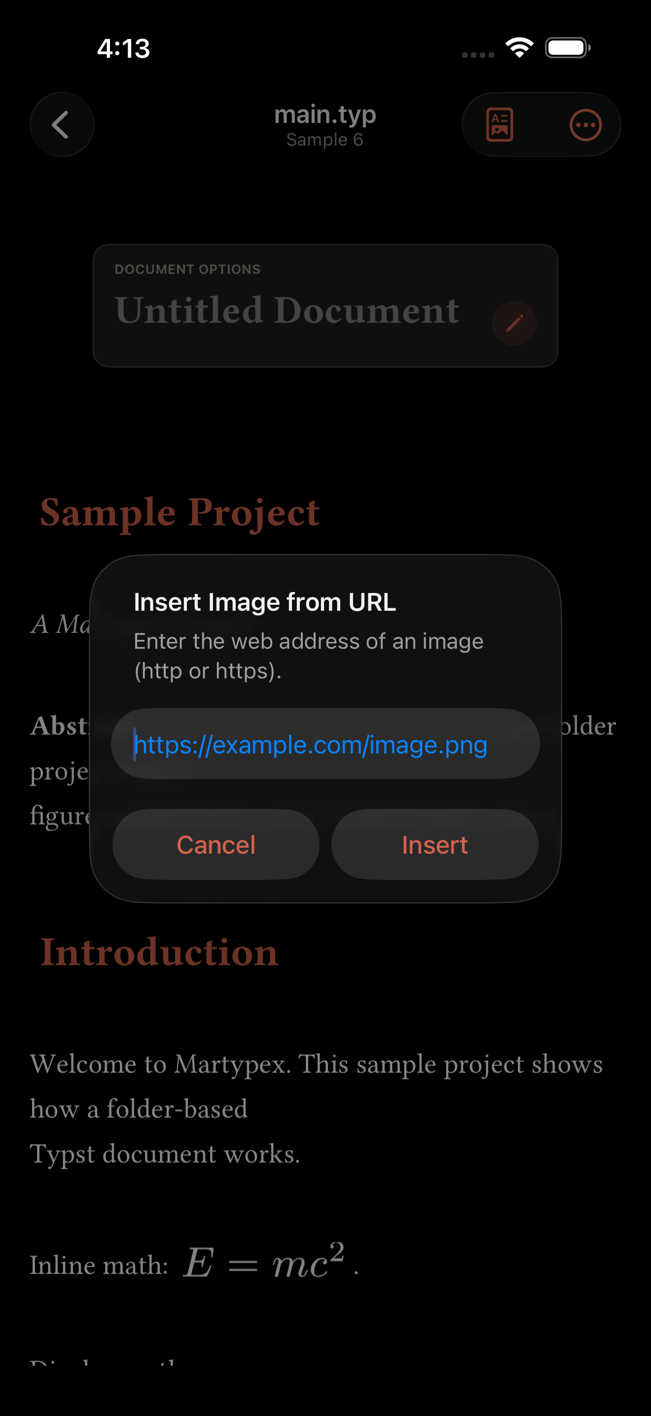 The Insert Image from URL dialog over a document on iPhone, dark mode