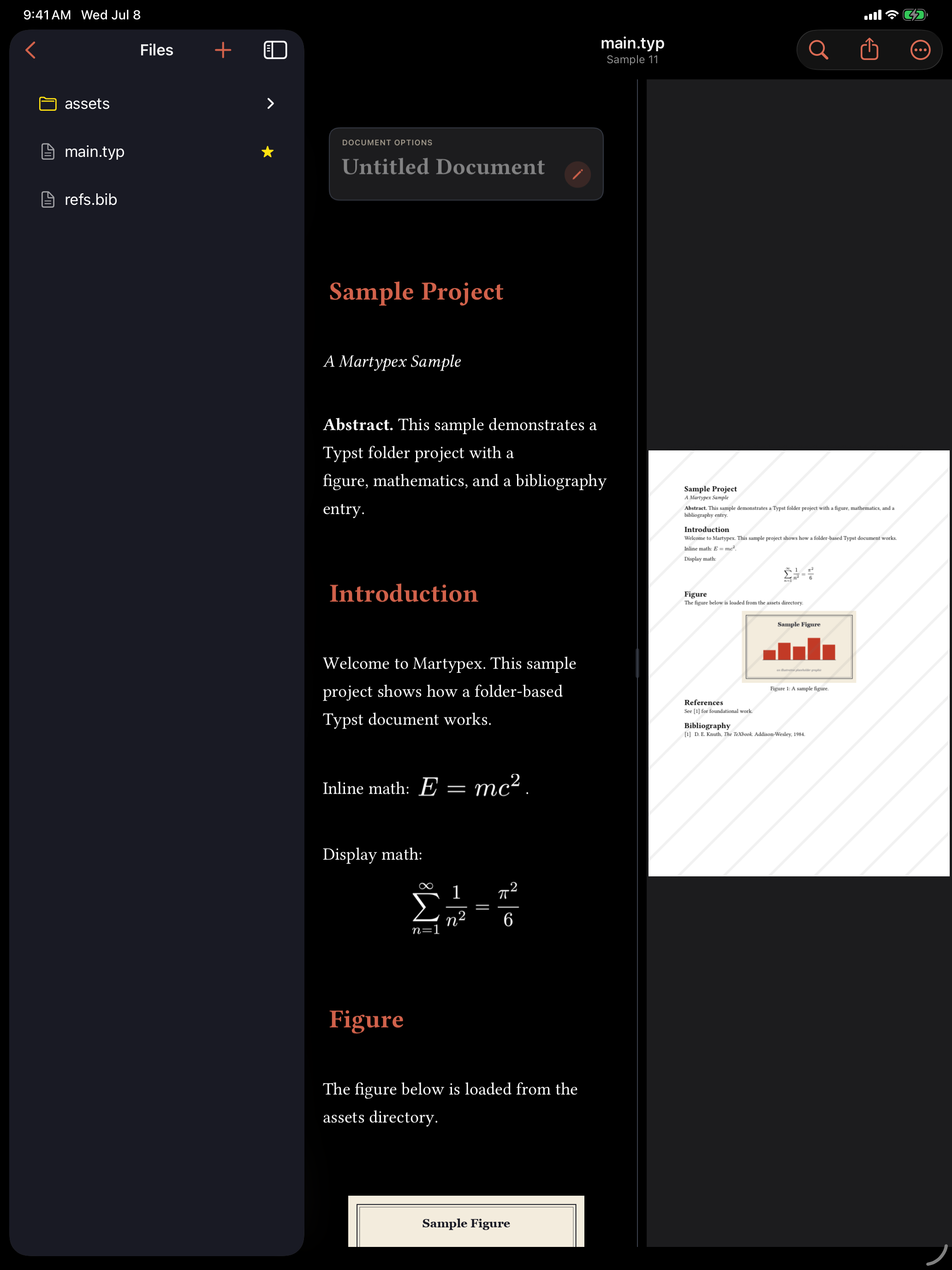 A live-styled Typst document with rendered headings, inline and display math, and a figure, alongside the compiled preview on iPad, dark mode