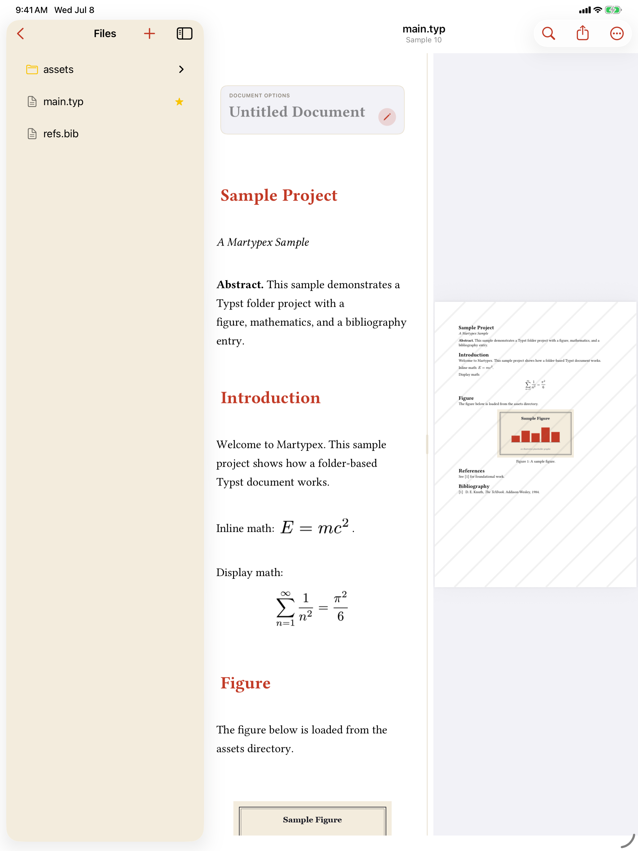 A live-styled Typst document with rendered headings, inline and display math, and a figure, alongside the compiled preview on iPad, light mode