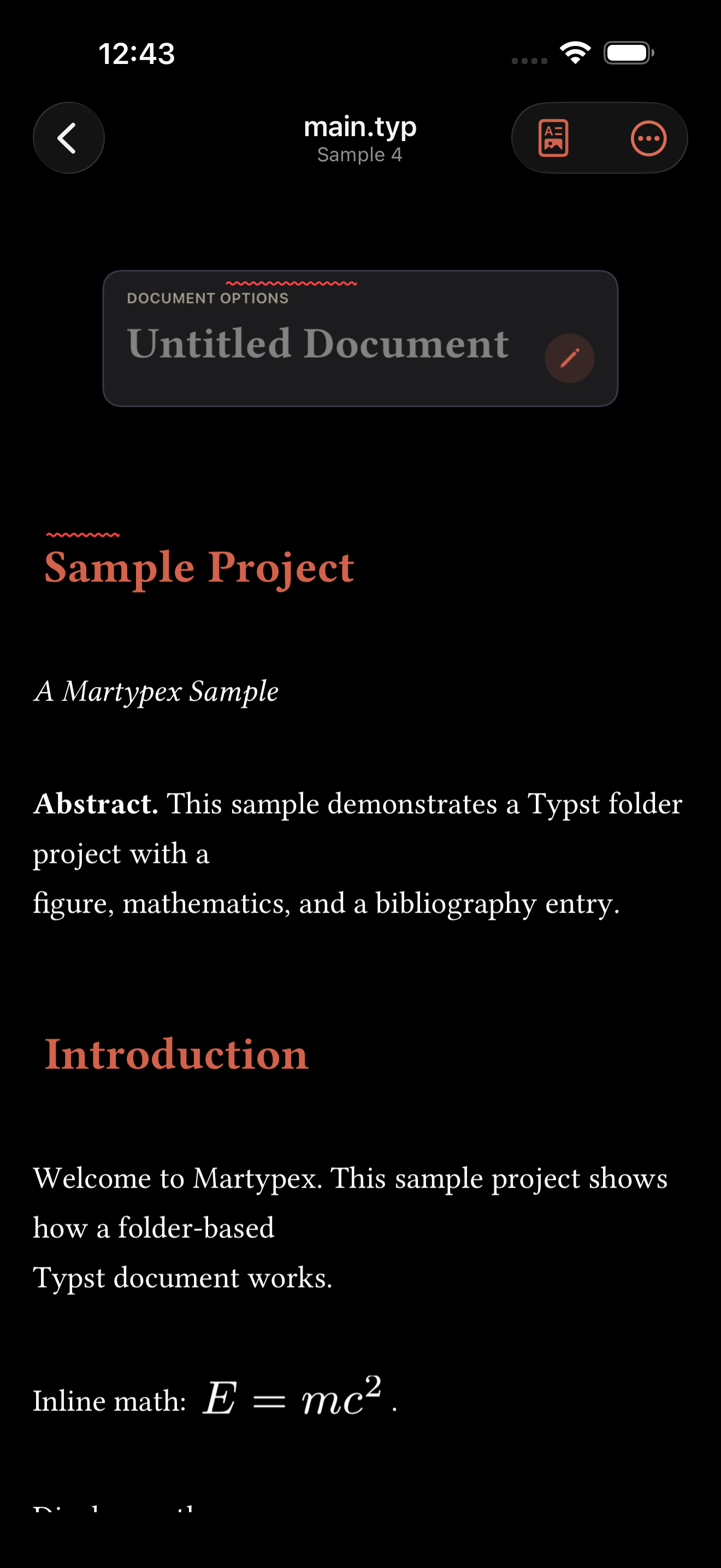 A Document Options card and rendered headings in a live-styled Typst document on iPhone, dark mode