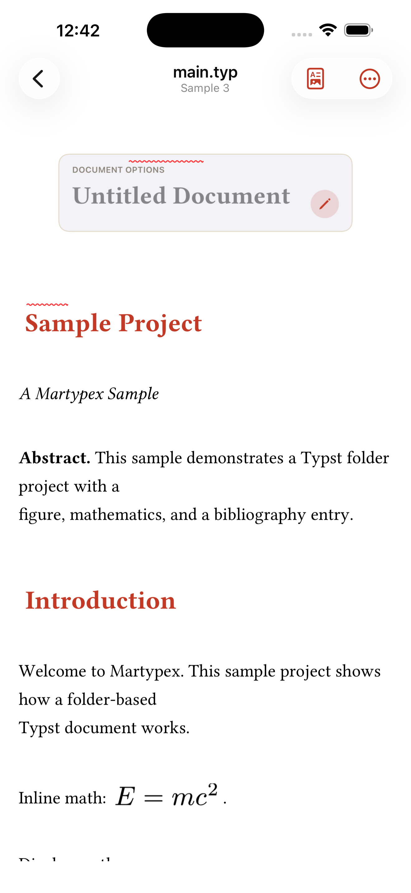 A Document Options card and rendered headings in a live-styled Typst document on iPhone, light mode