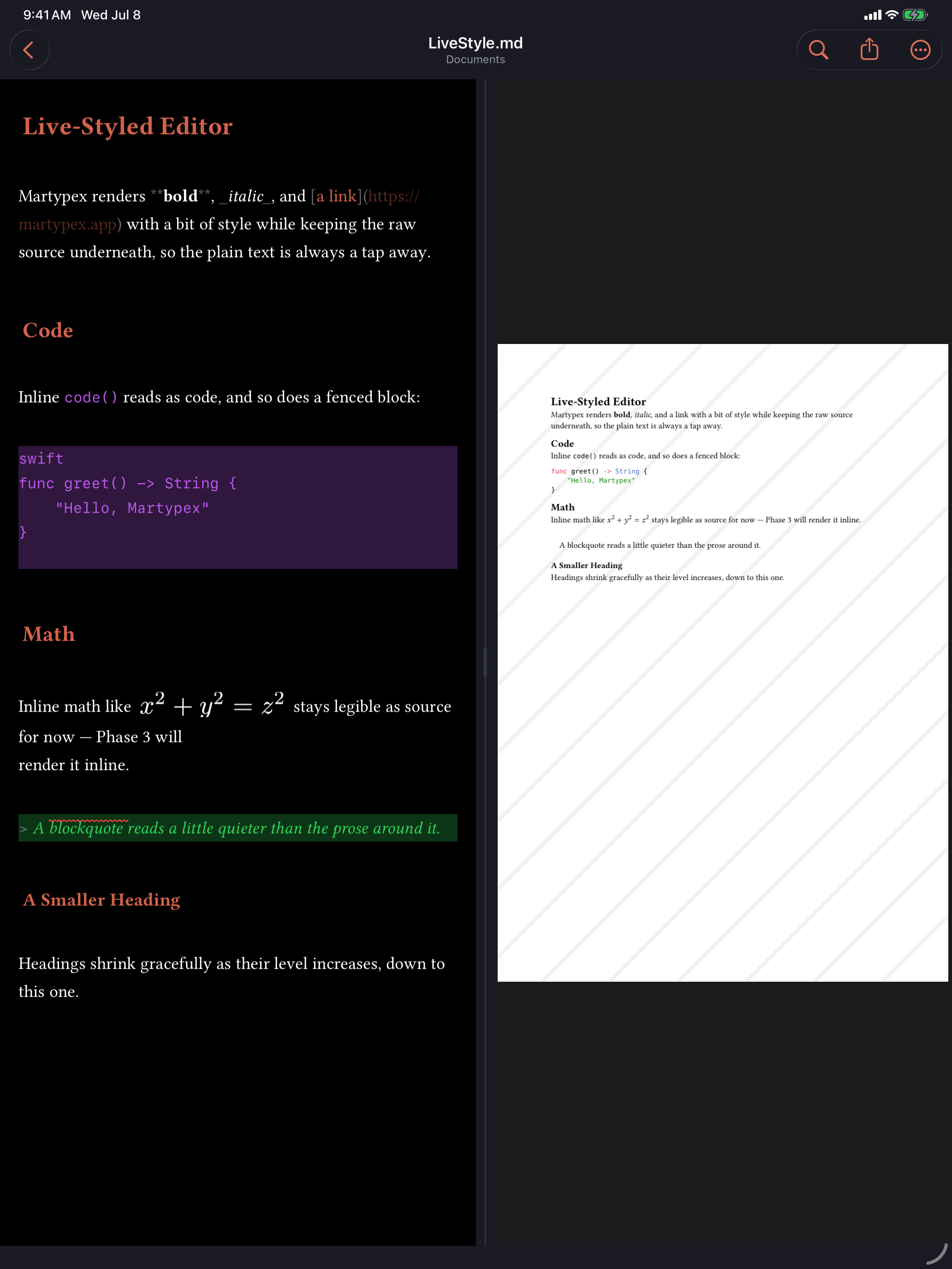 Live-styled Markdown on iPad, dark mode