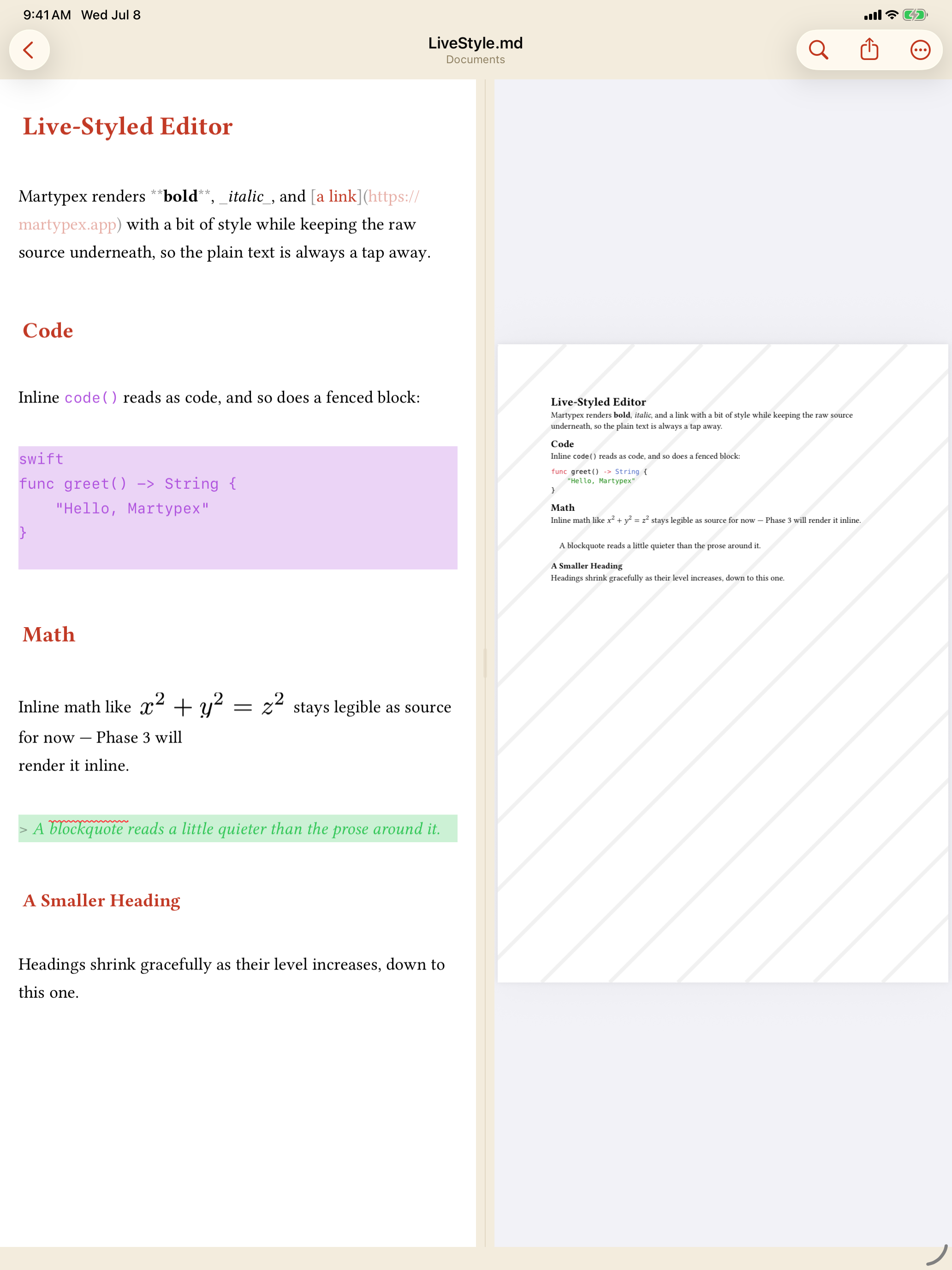 Live-styled Markdown on iPad, light mode