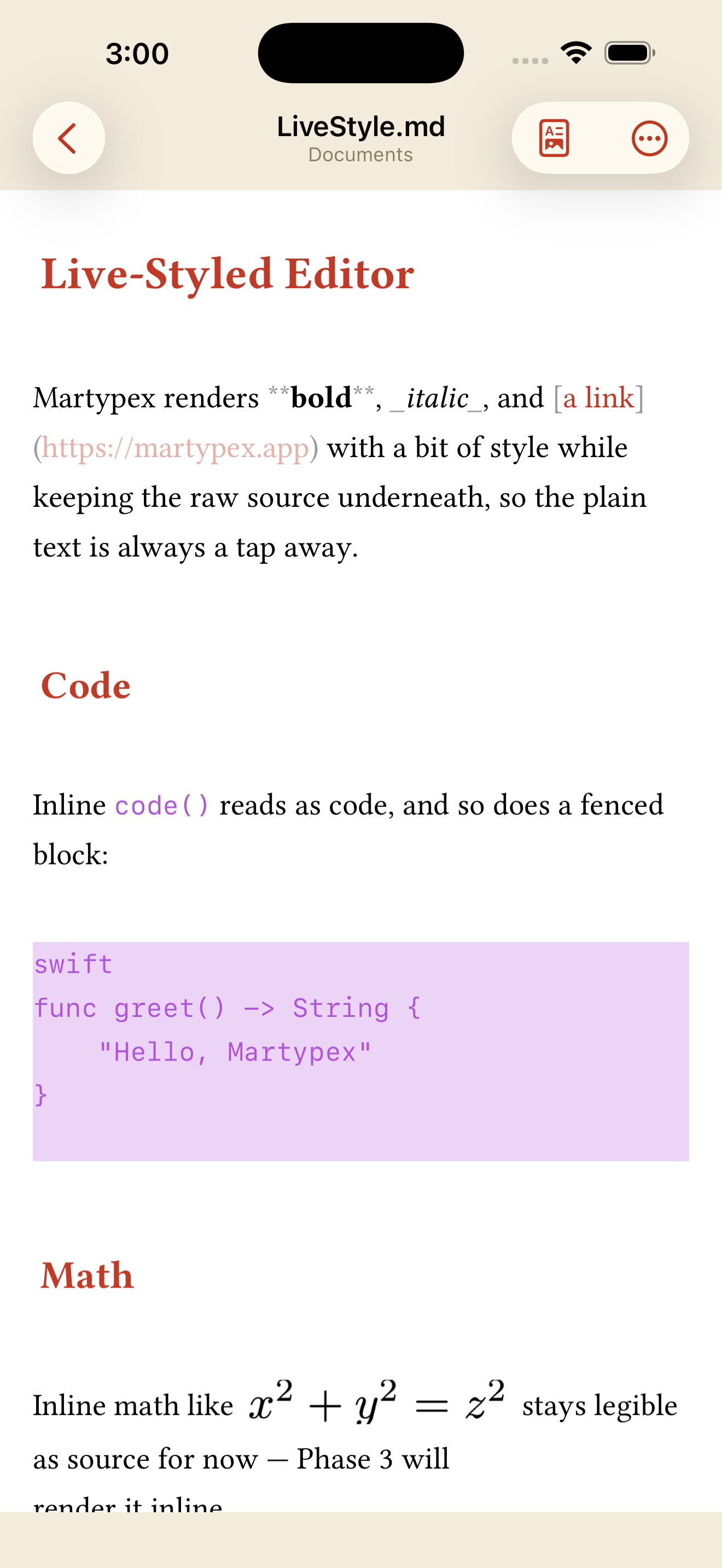 Live-styled Markdown, showing rendered headings, bold, italic, a link, and a code block, on iPhone, light mode