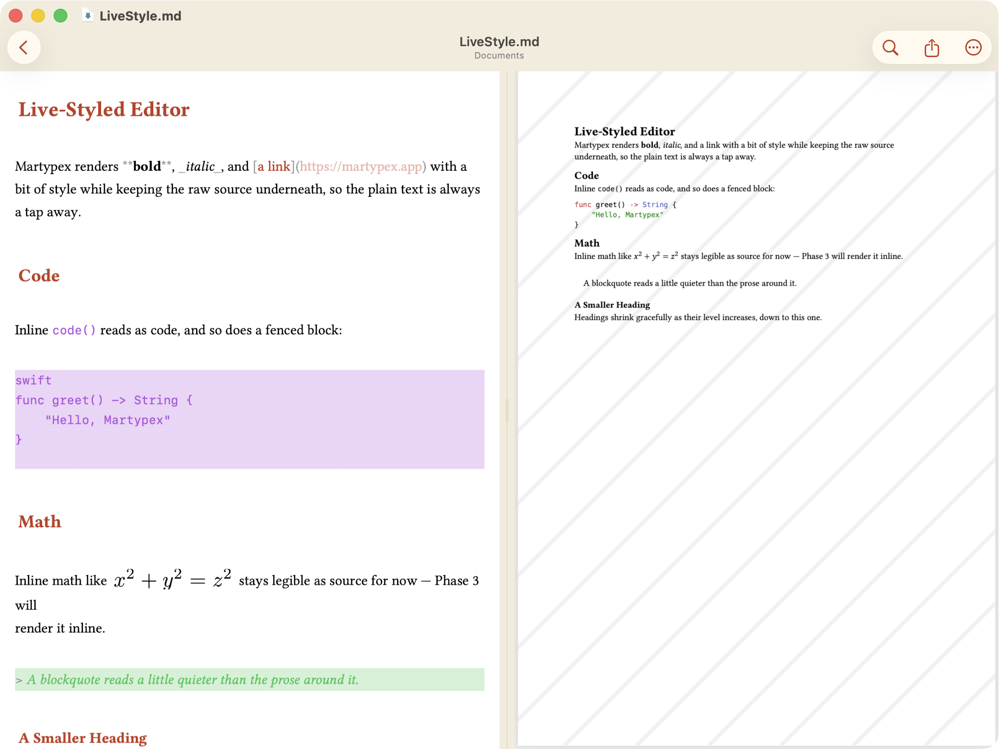 Live-styled Markdown editor beside the compiled PDF preview on Mac, titlebar reading LiveStyle.md