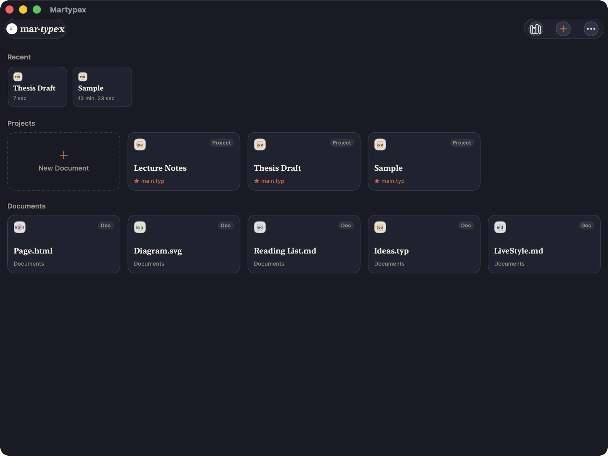 Martypex Home on Mac, showing Recent, Projects, and Documents sections in a titled window, dark mode