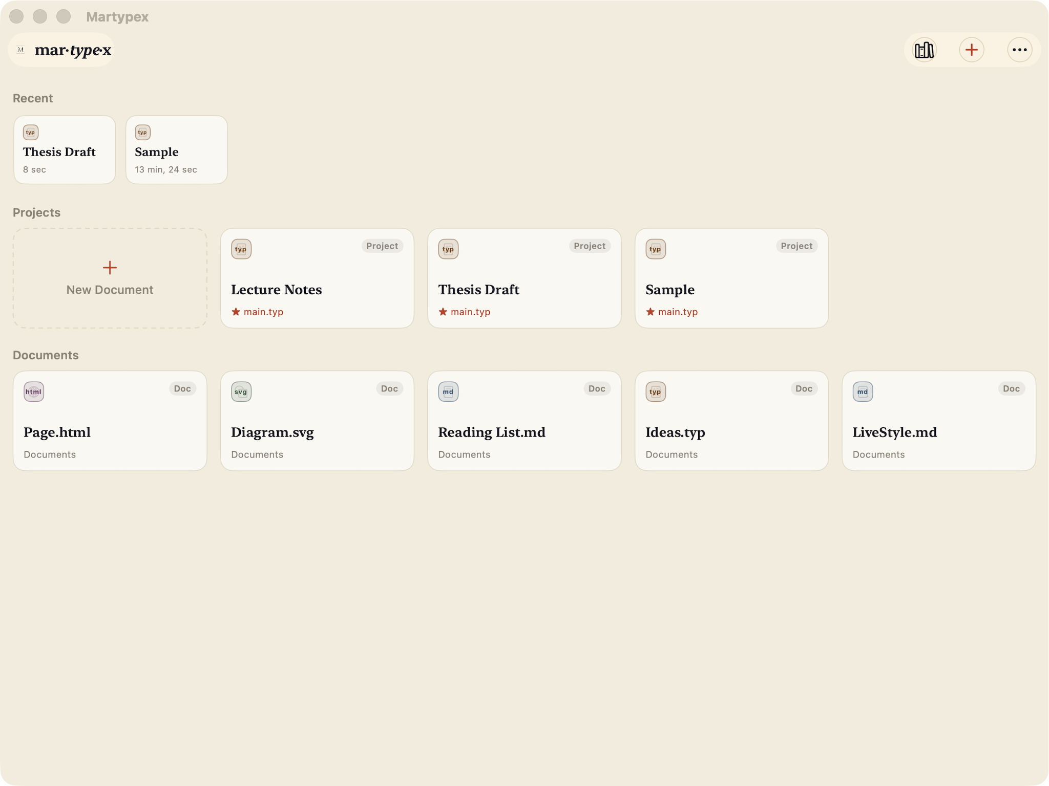 Martypex Home on Mac, showing Recent, Projects, and Documents sections in a titled window, light mode