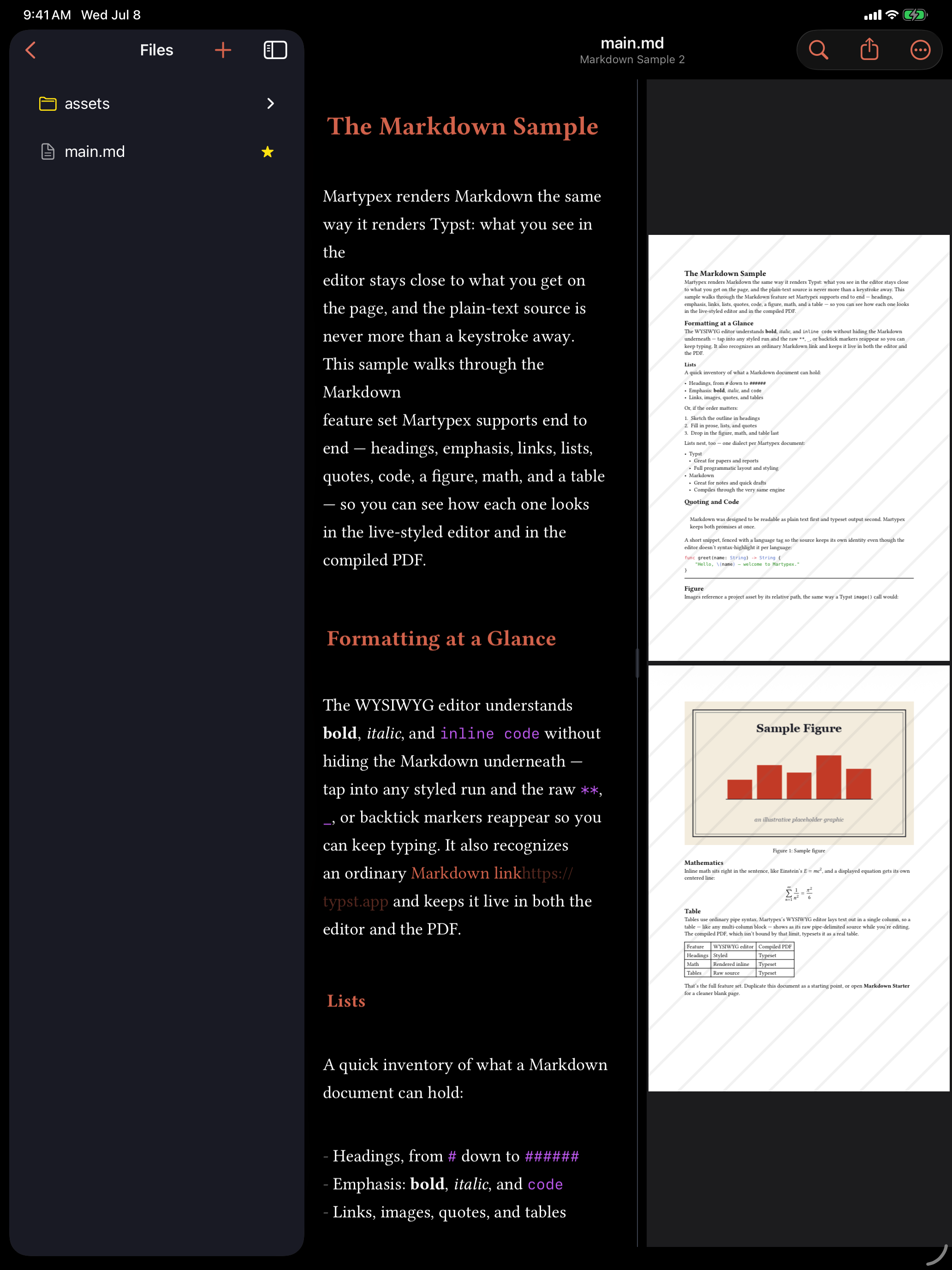The Markdown Sample template, live-styled, on iPad, dark mode