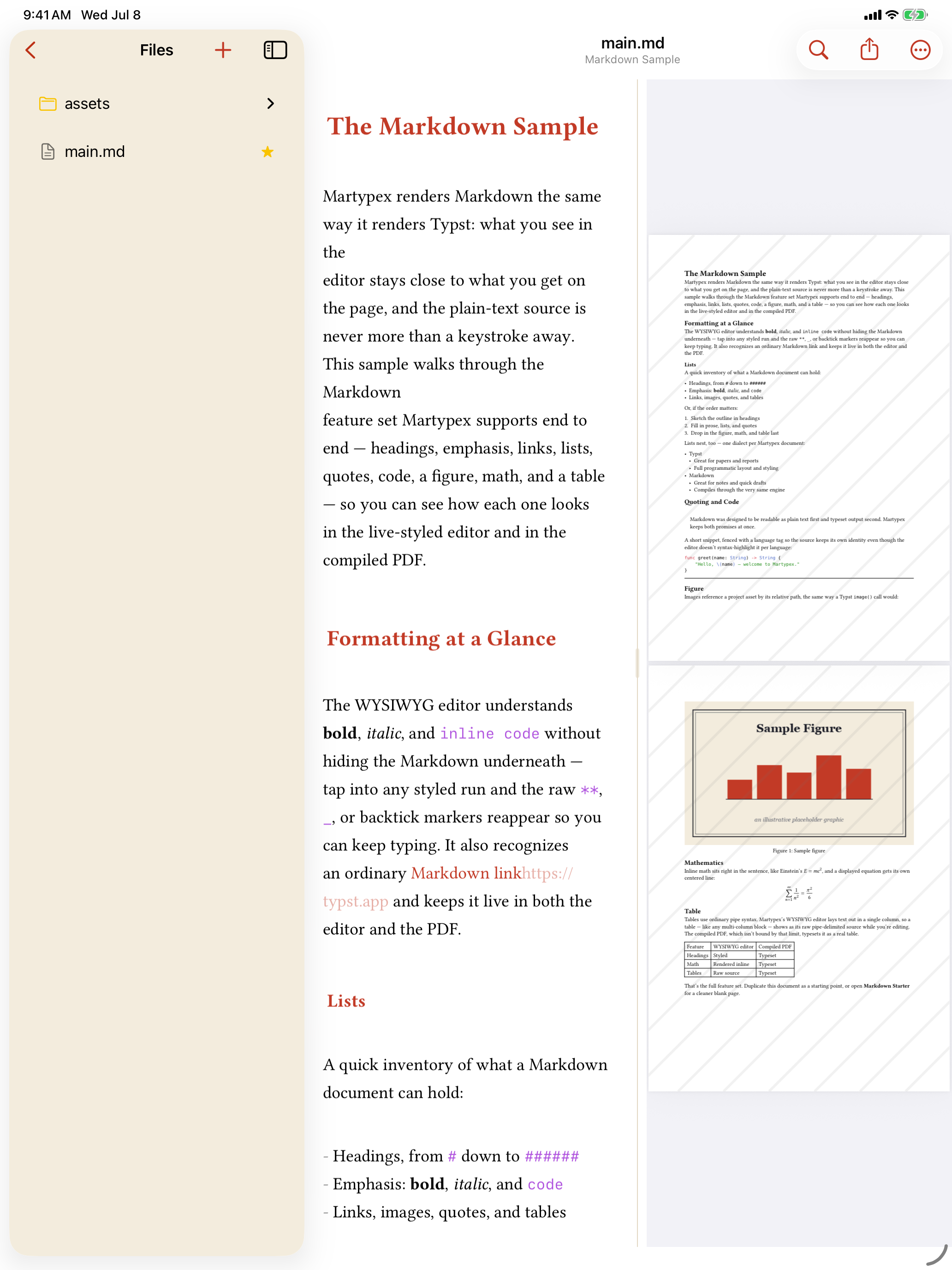 The Markdown Sample template, live-styled, on iPad, light mode