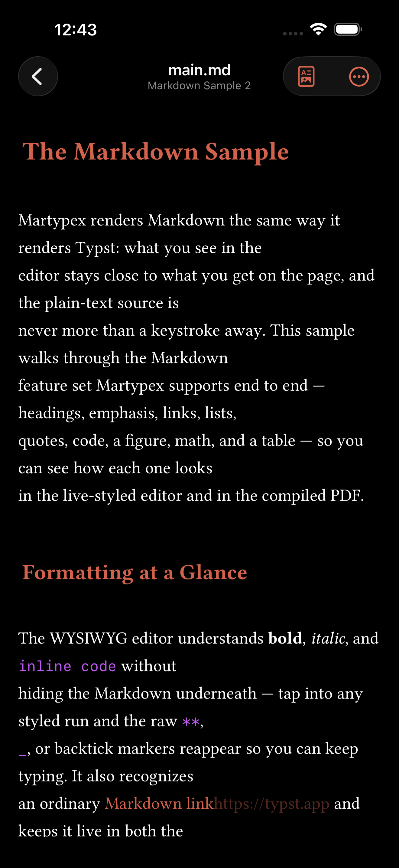 The Markdown Sample template, live-styled, on iPhone, dark mode