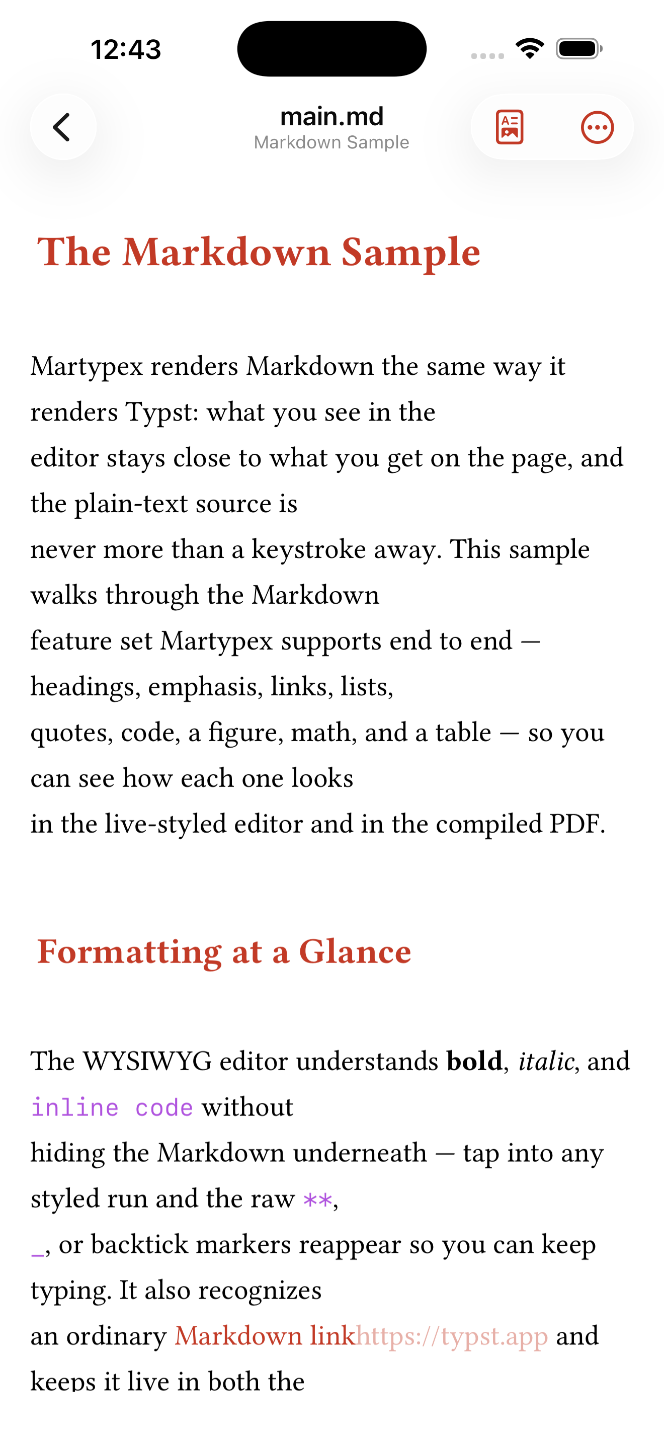 The Markdown Sample template, live-styled, on iPhone, light mode
