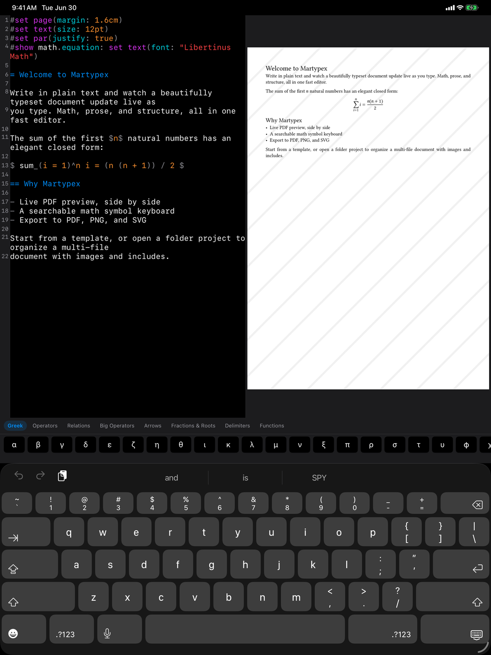 Math Keyboard on iPad, dark mode