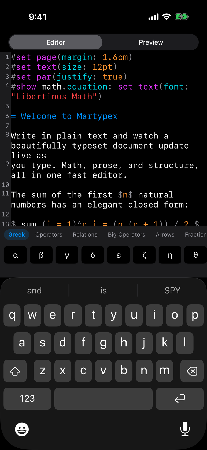 Math Keyboard on iPhone, dark mode