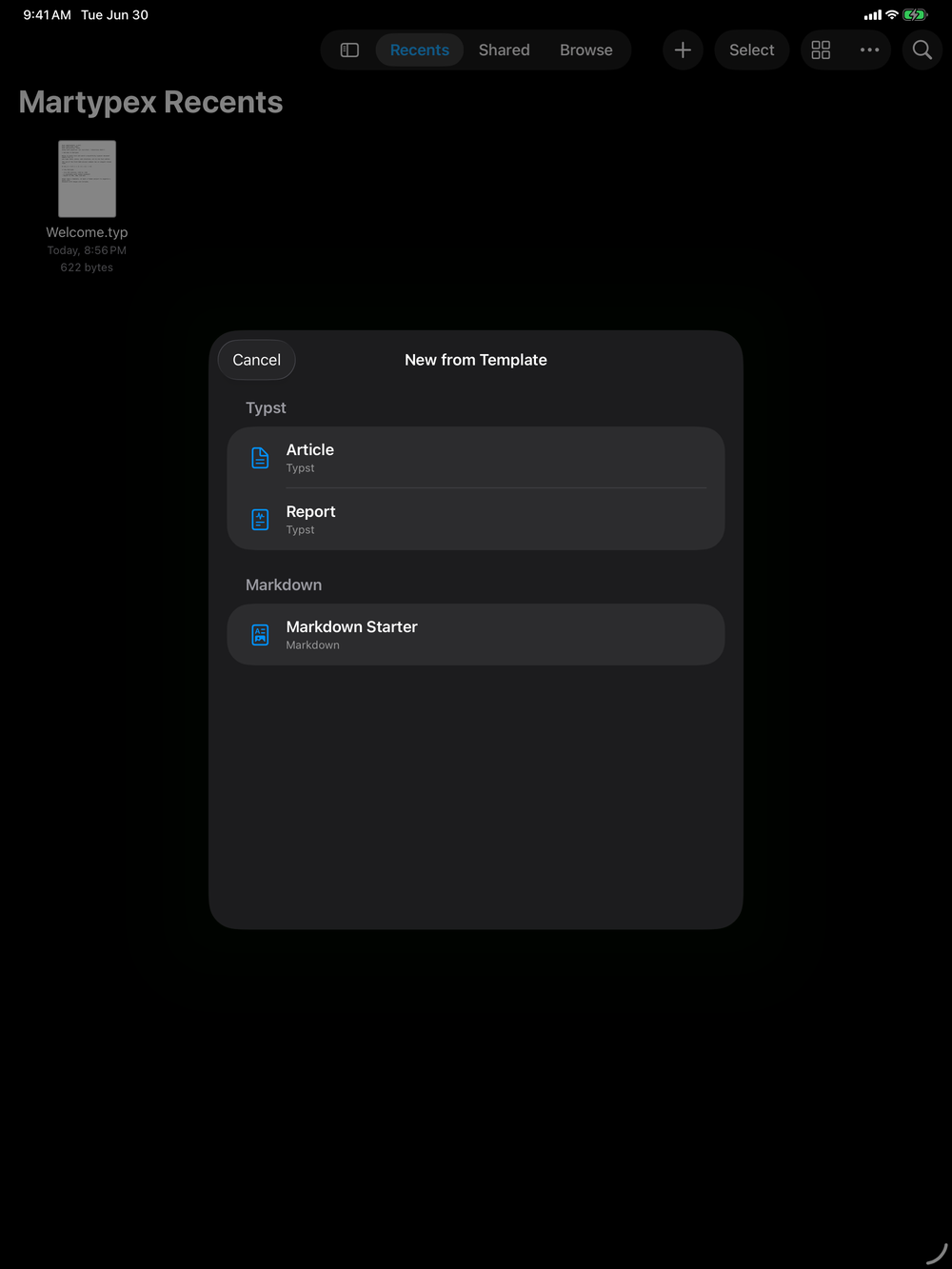 New document on iPad, dark mode